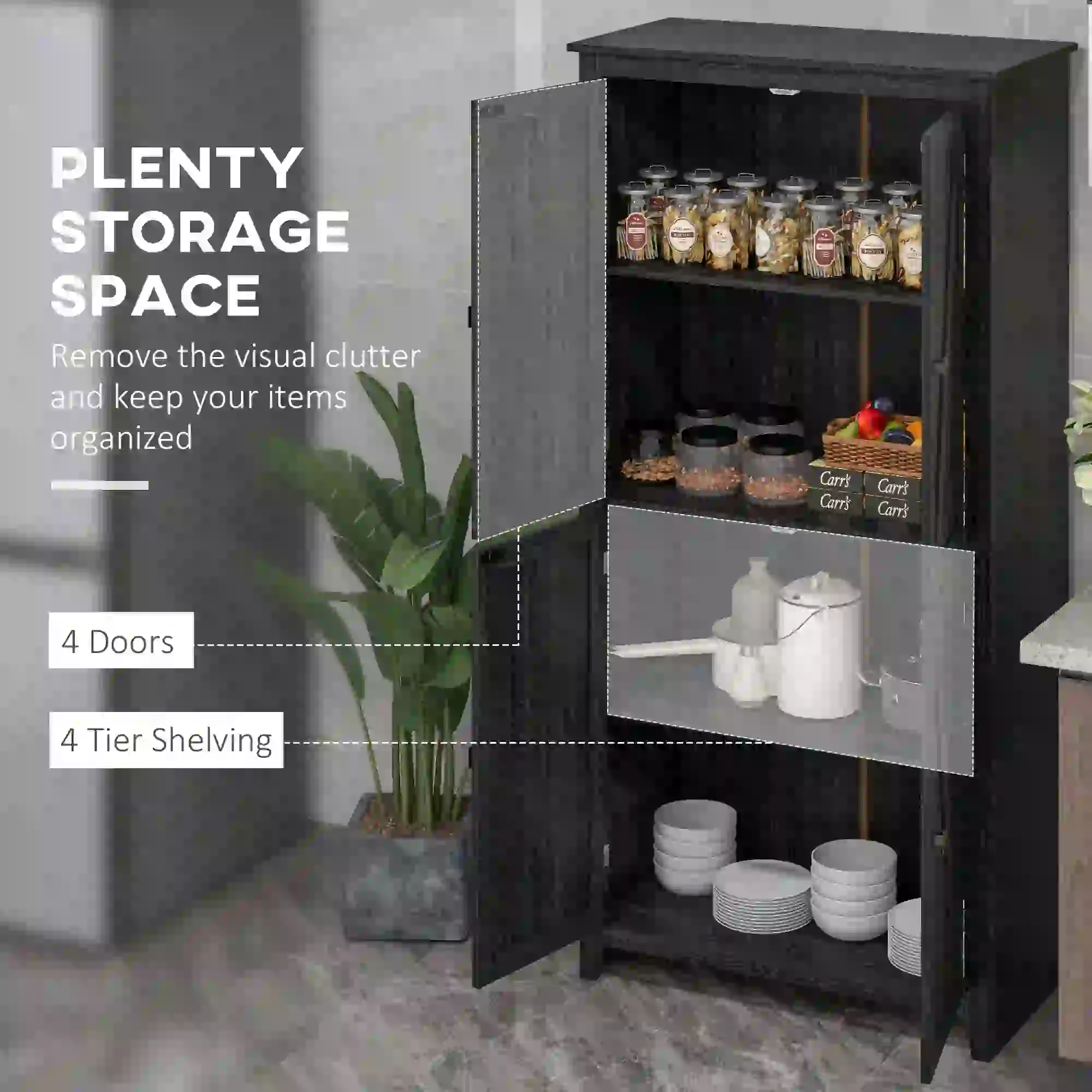 72" Freestanding Storage Cabinet, Kitchen Pantry with Doors, Shelves, Black - Image 4