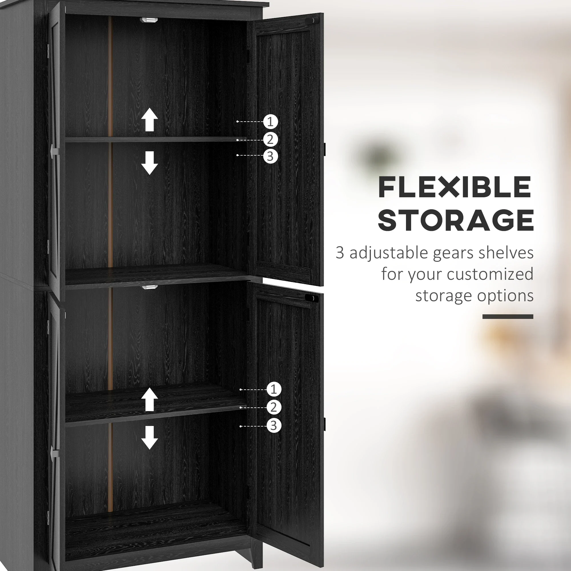 72" Freestanding Storage Cabinet, Kitchen Pantry with Doors, Shelves, Black - Image 5