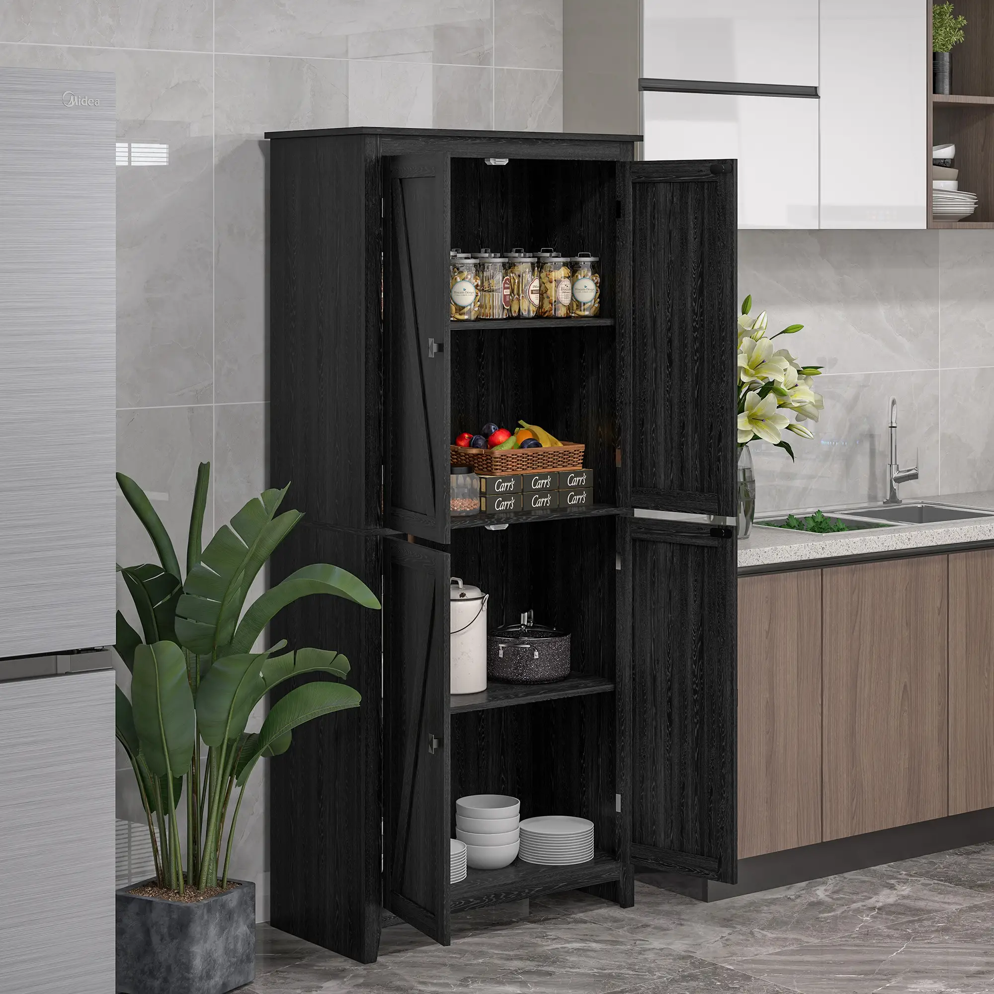 72" Freestanding Storage Cabinet, Kitchen Pantry with Doors, Shelves, Black - Image 8