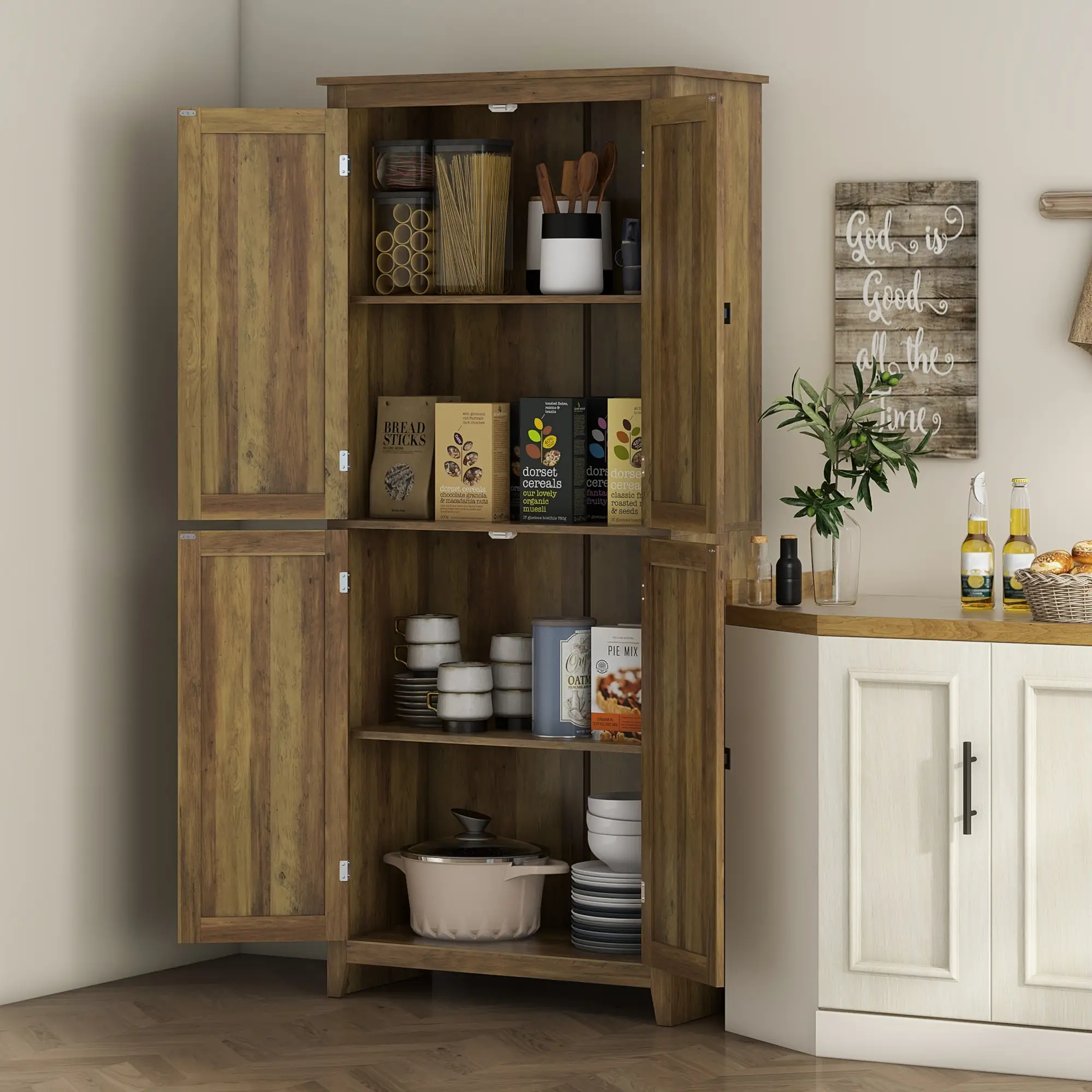 72" Freestanding Storage Cabinet, Kitchen Pantry with Doors, Shelves, Brown - Image 2