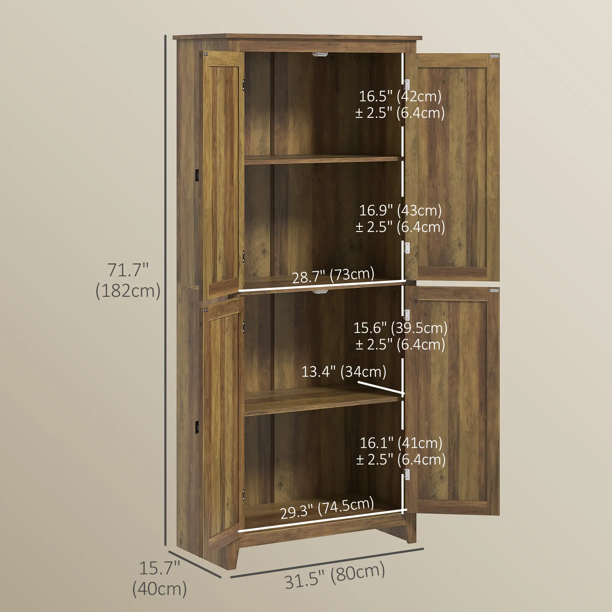 72" Freestanding Storage Cabinet, Kitchen Pantry with Doors, Shelves, Brown - Image 3