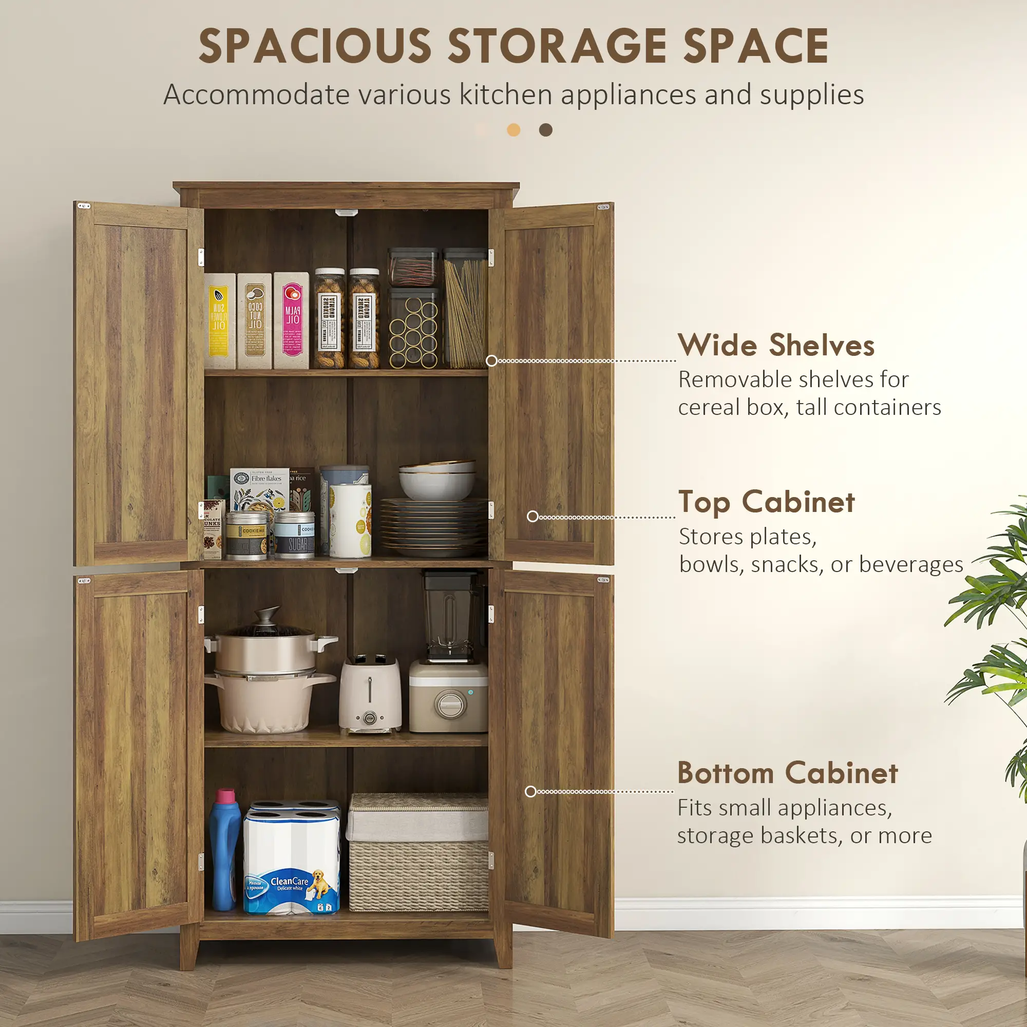 72" Freestanding Storage Cabinet, Kitchen Pantry with Doors, Shelves, Brown - Image 4