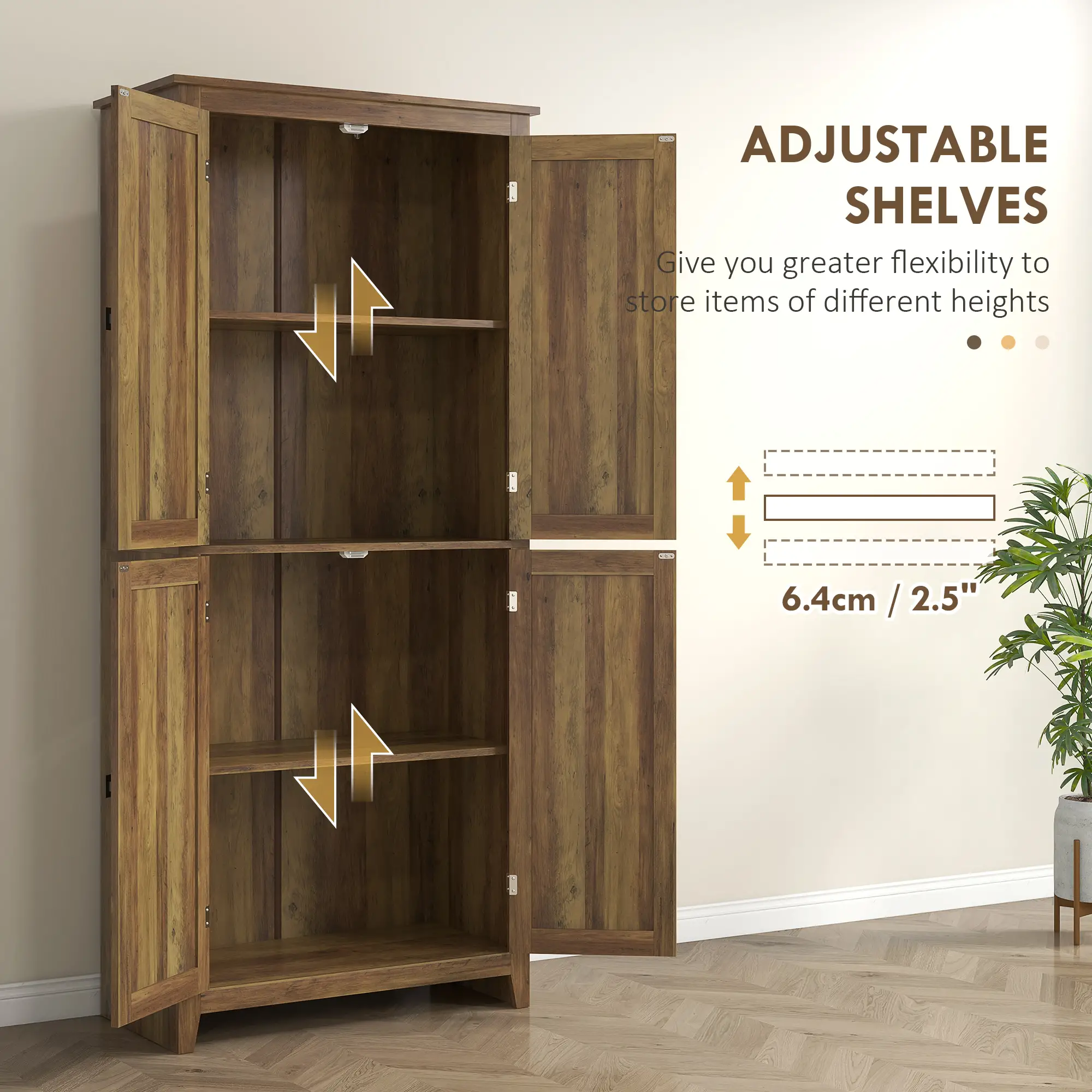 72" Freestanding Storage Cabinet, Kitchen Pantry with Doors, Shelves, Brown - Image 5