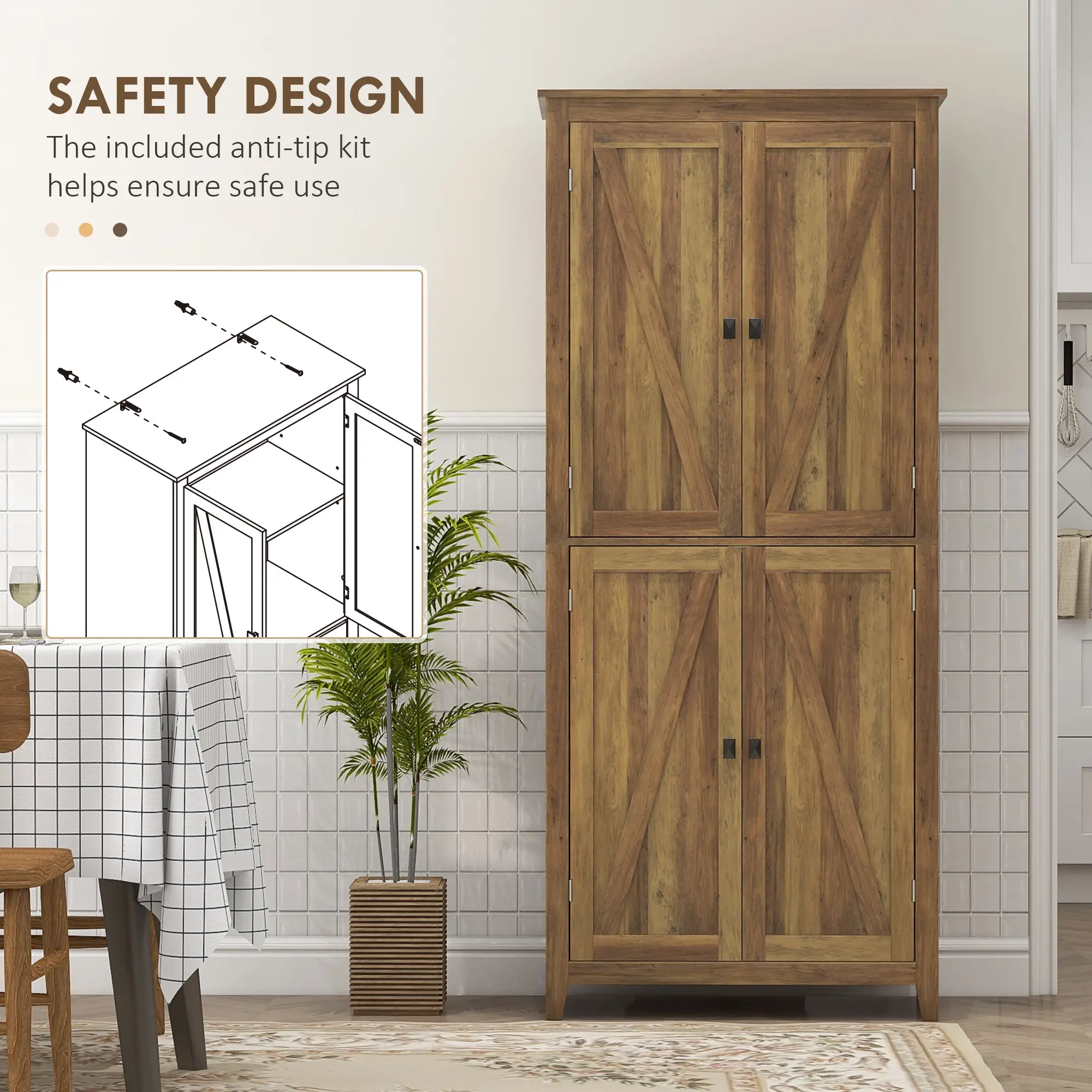 72" Freestanding Storage Cabinet, Kitchen Pantry with Doors, Shelves, Brown - Image 6