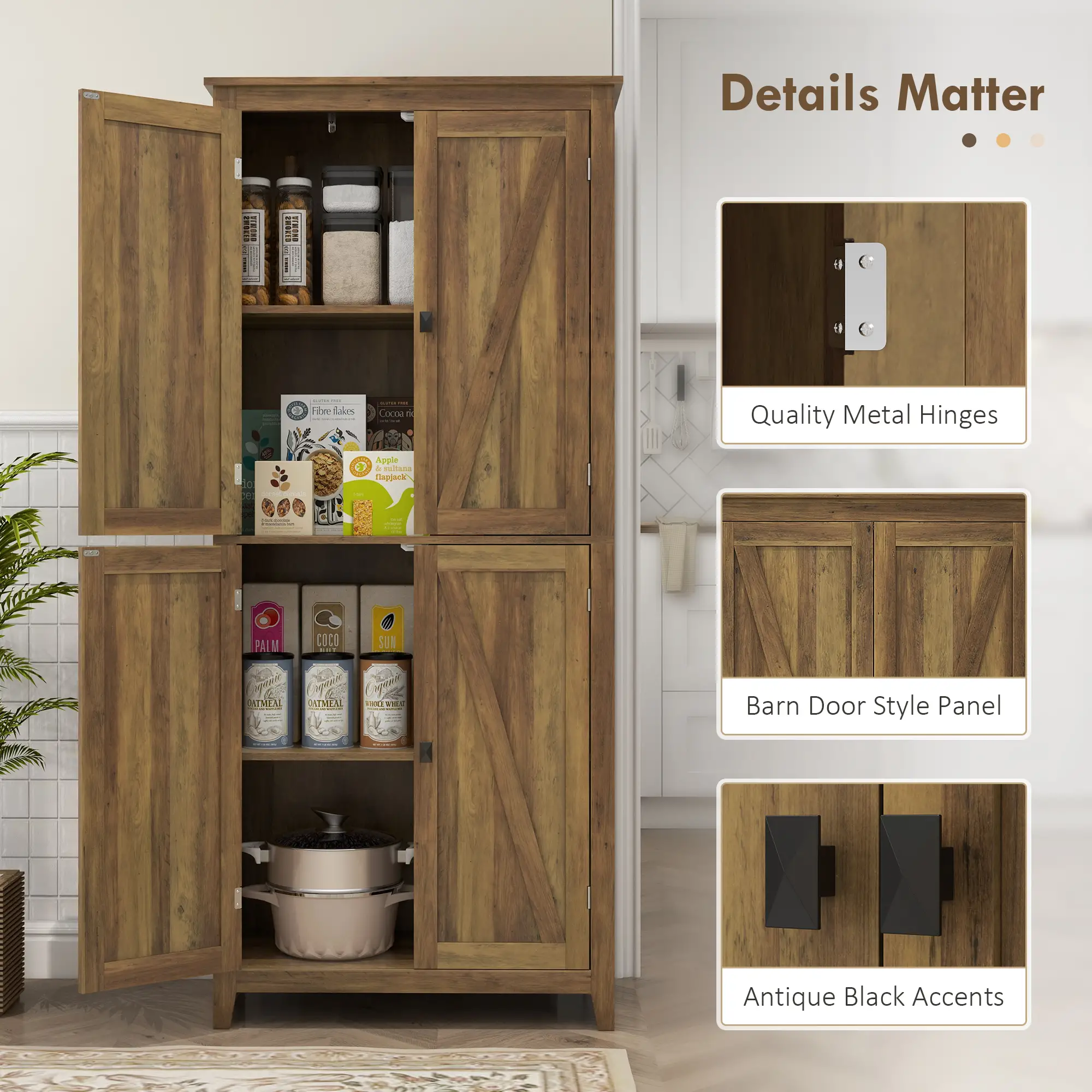 72" Freestanding Storage Cabinet, Kitchen Pantry with Doors, Shelves, Brown - Image 7