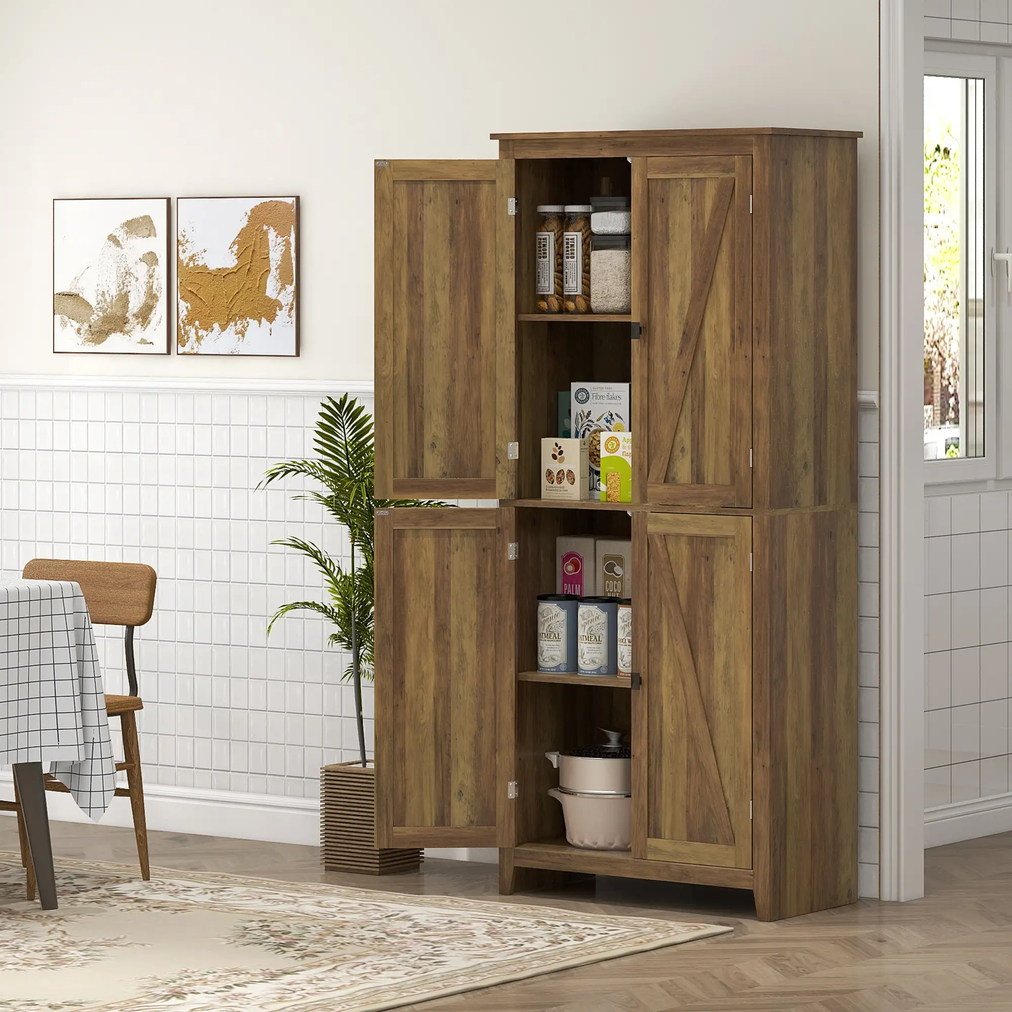 72" Freestanding Storage Cabinet, Kitchen Pantry with Doors, Shelves, Brown - Image 8