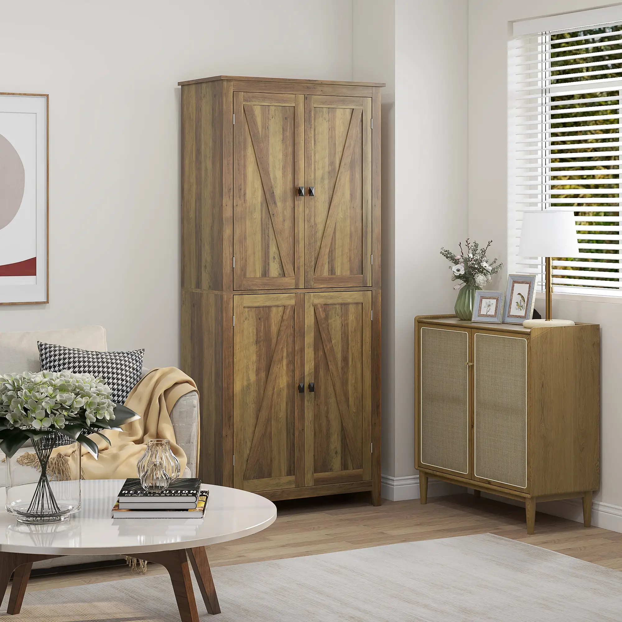72" Freestanding Storage Cabinet, Kitchen Pantry with Doors, Shelves, Brown - Image 9