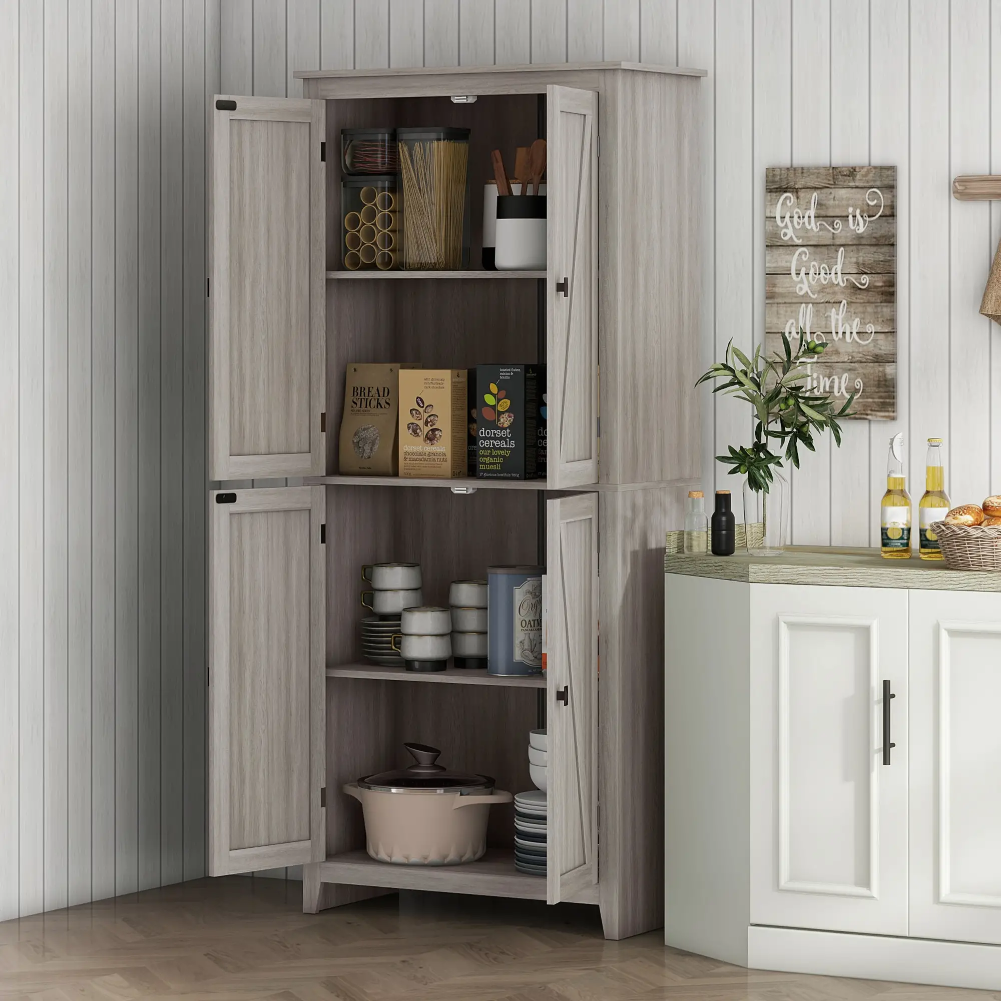 72" Freestanding Storage Cabinet, Kitchen Pantry with Doors, Shelves, Grey - Image 2