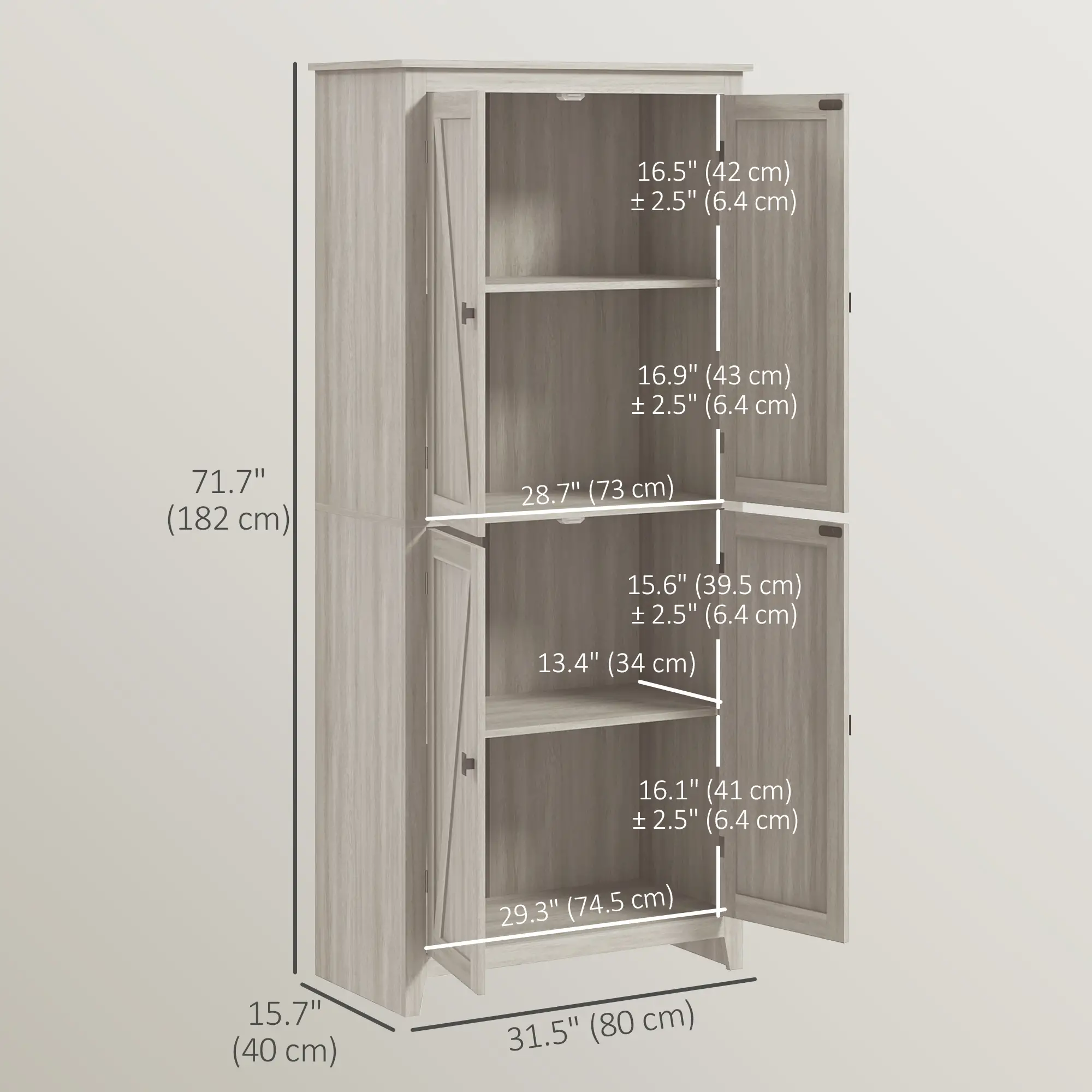72" Freestanding Storage Cabinet, Kitchen Pantry with Doors, Shelves, Grey - Image 3