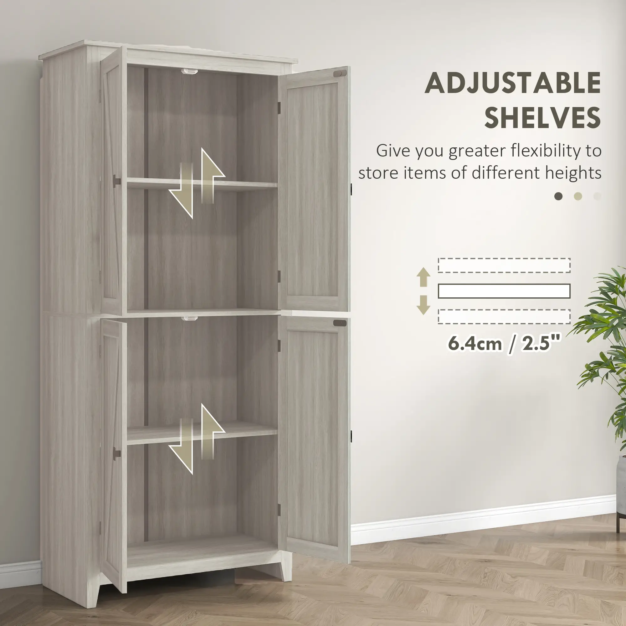 72" Freestanding Storage Cabinet, Kitchen Pantry with Doors, Shelves, Grey - Image 5
