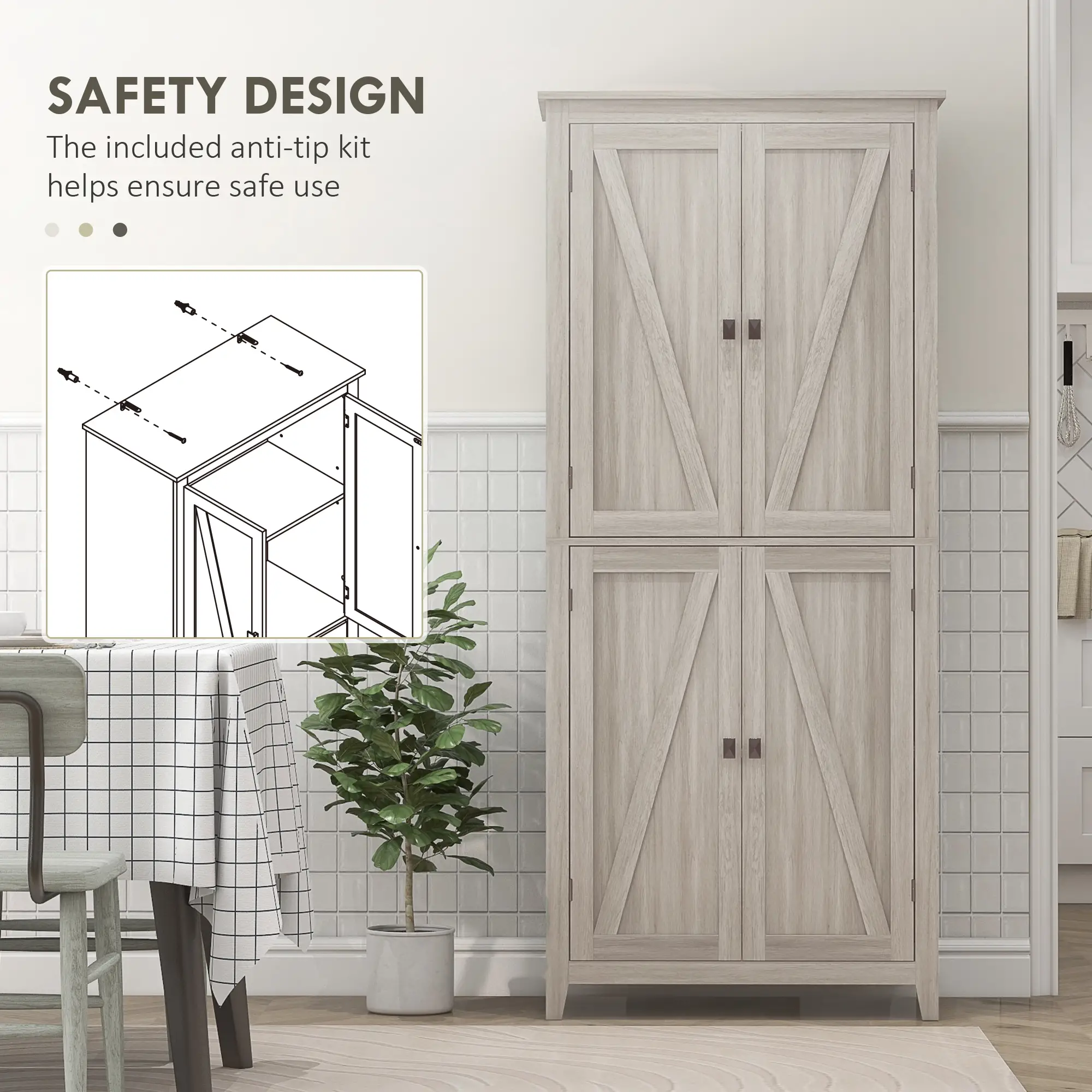 72" Freestanding Storage Cabinet, Kitchen Pantry with Doors, Shelves, Grey - Image 6