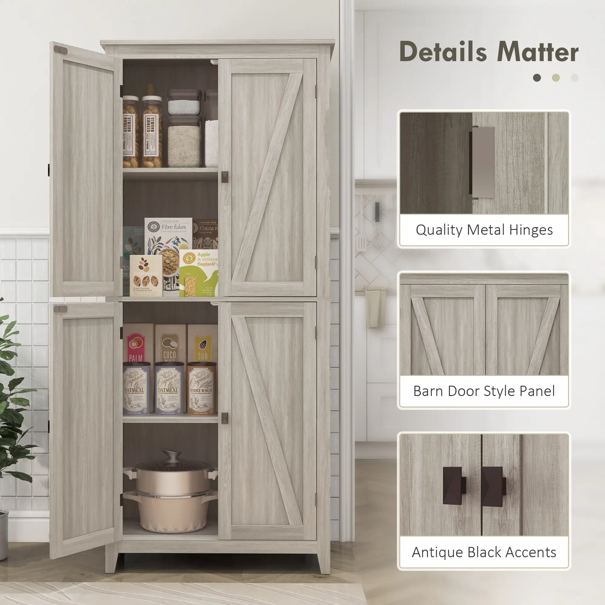 72" Freestanding Storage Cabinet, Kitchen Pantry with Doors, Shelves, Grey - Image 7