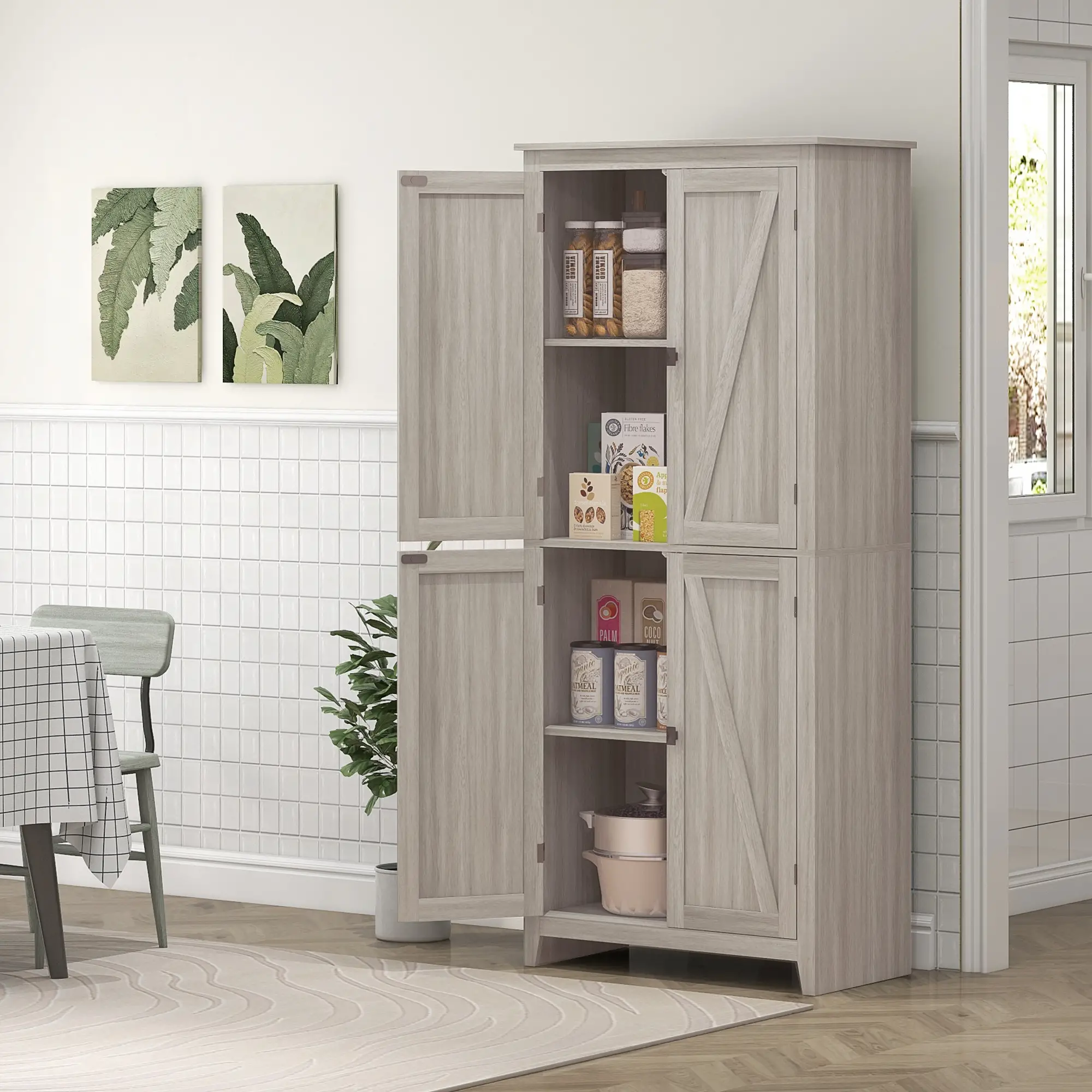 72" Freestanding Storage Cabinet, Kitchen Pantry with Doors, Shelves, Grey - Image 8