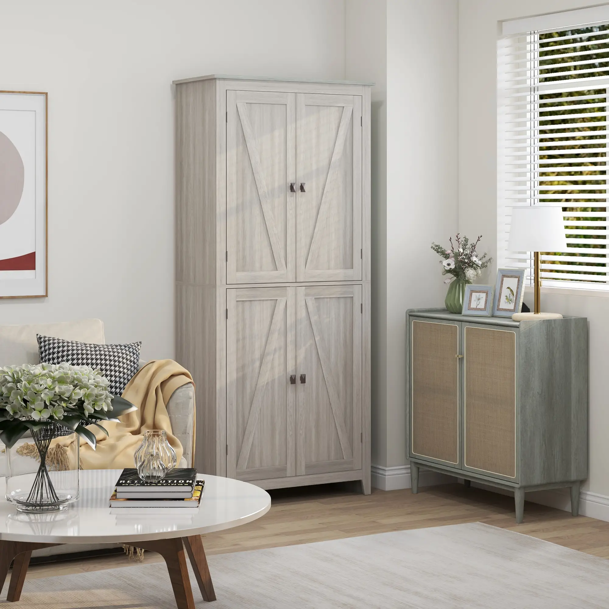 72" Freestanding Storage Cabinet, Kitchen Pantry with Doors, Shelves, Grey - Image 9
