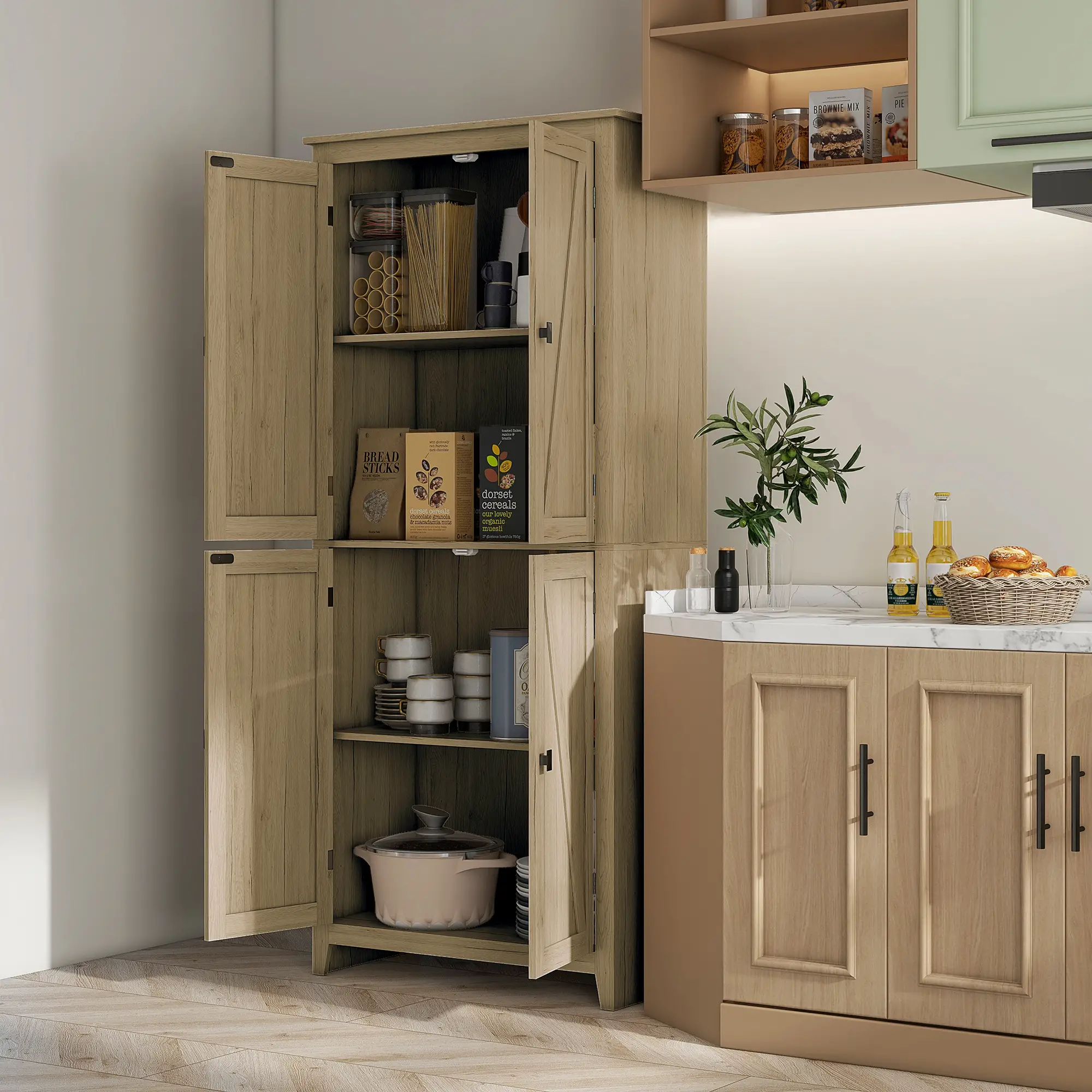 72" Freestanding Storage Cabinet, Kitchen Pantry with Doors, Shelves, Natural - Image 2