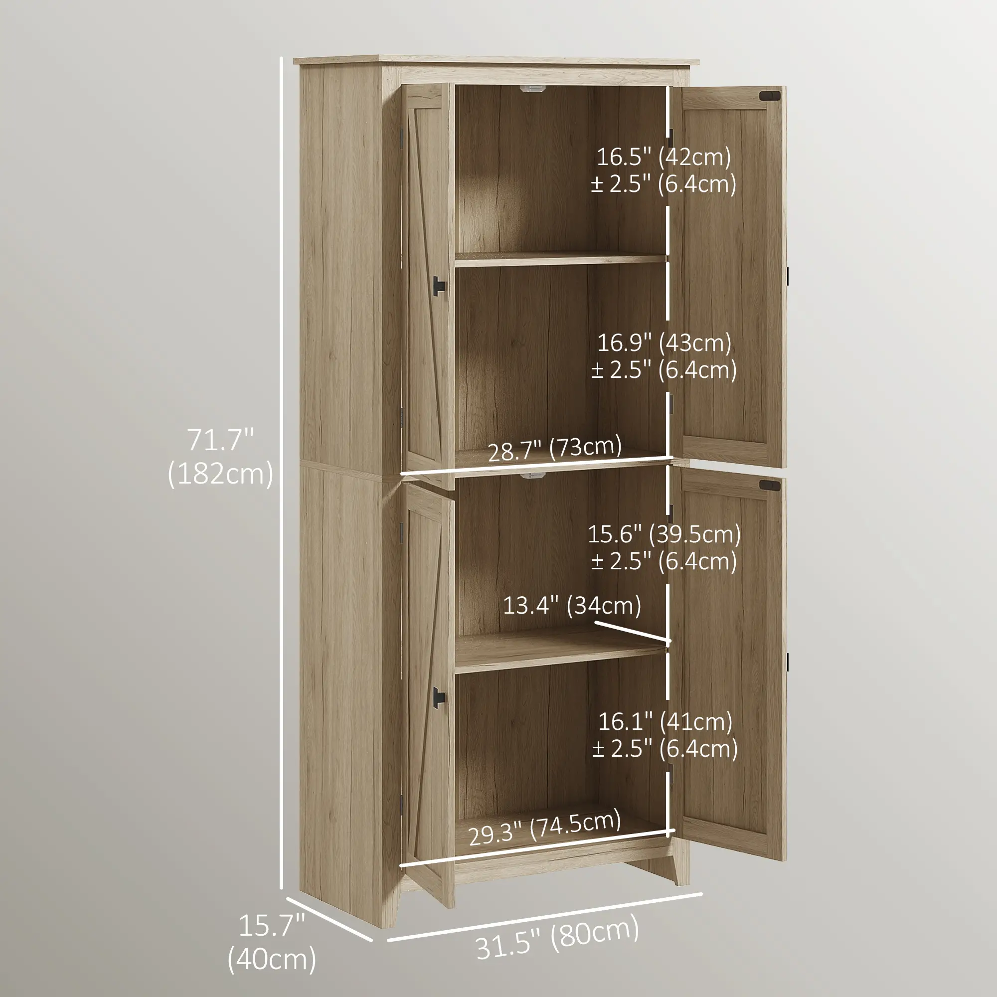72" Freestanding Storage Cabinet, Kitchen Pantry with Doors, Shelves, Natural - Image 3