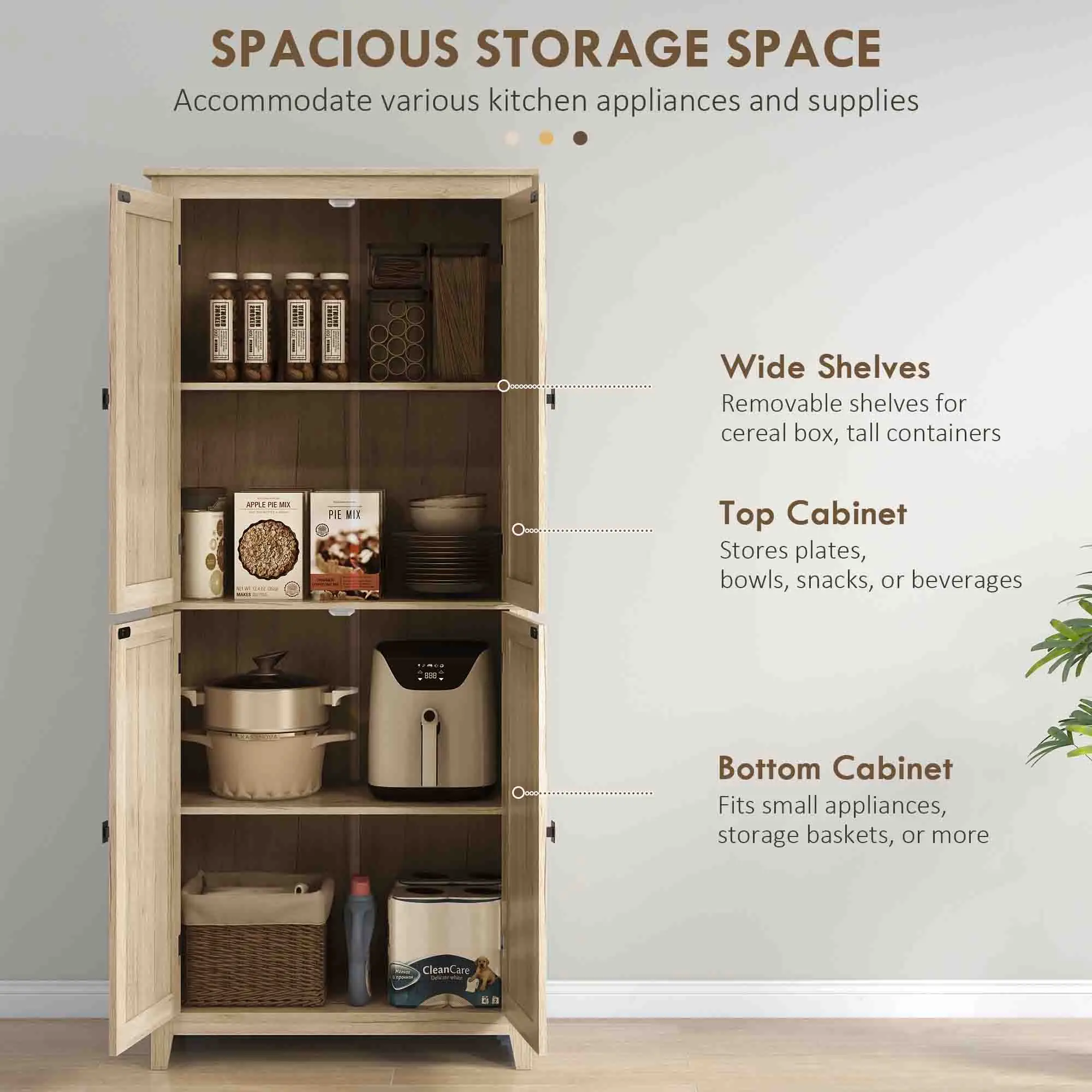 72" Freestanding Storage Cabinet, Kitchen Pantry with Doors, Shelves, Natural - Image 4