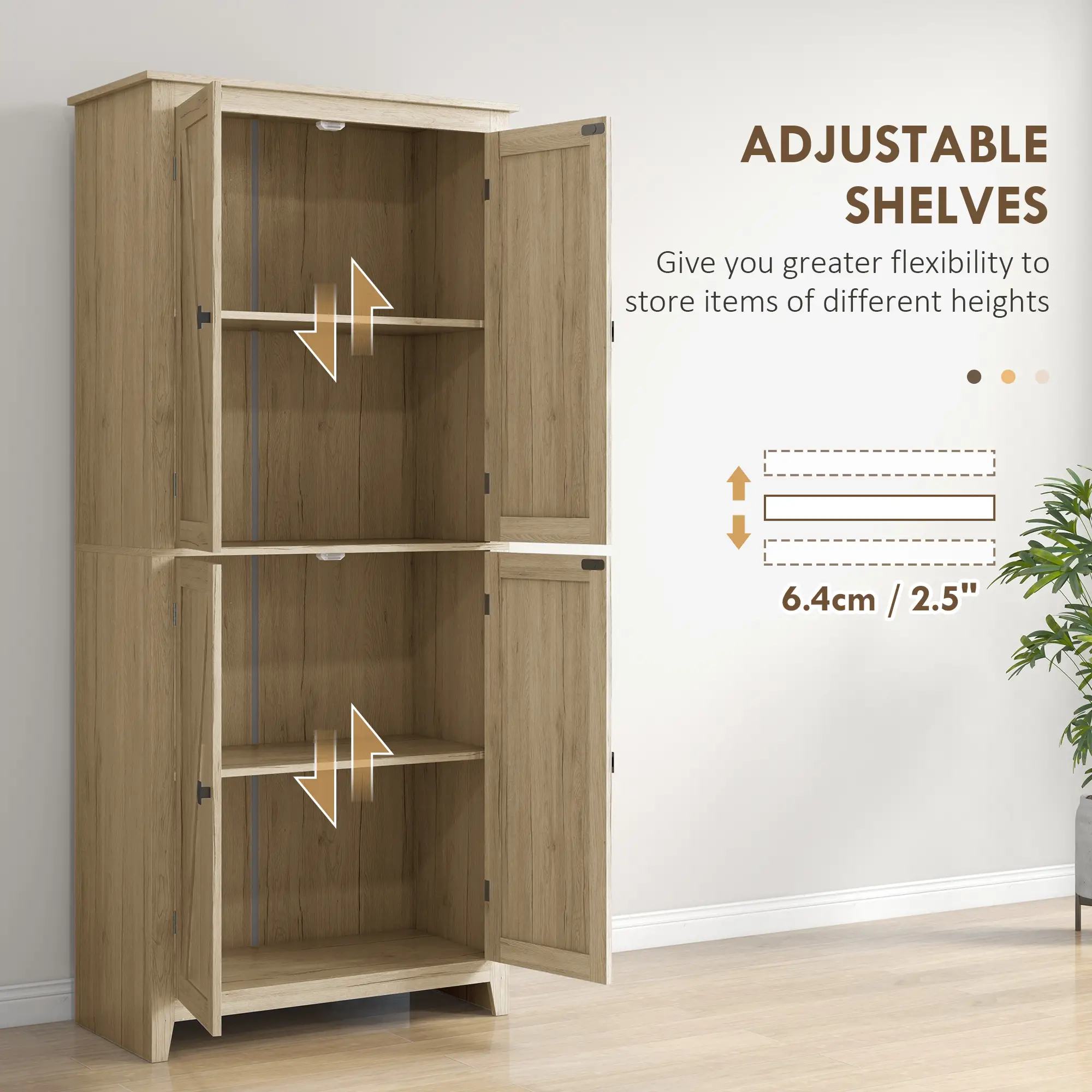 72" Freestanding Storage Cabinet, Kitchen Pantry with Doors, Shelves, Natural - Image 5