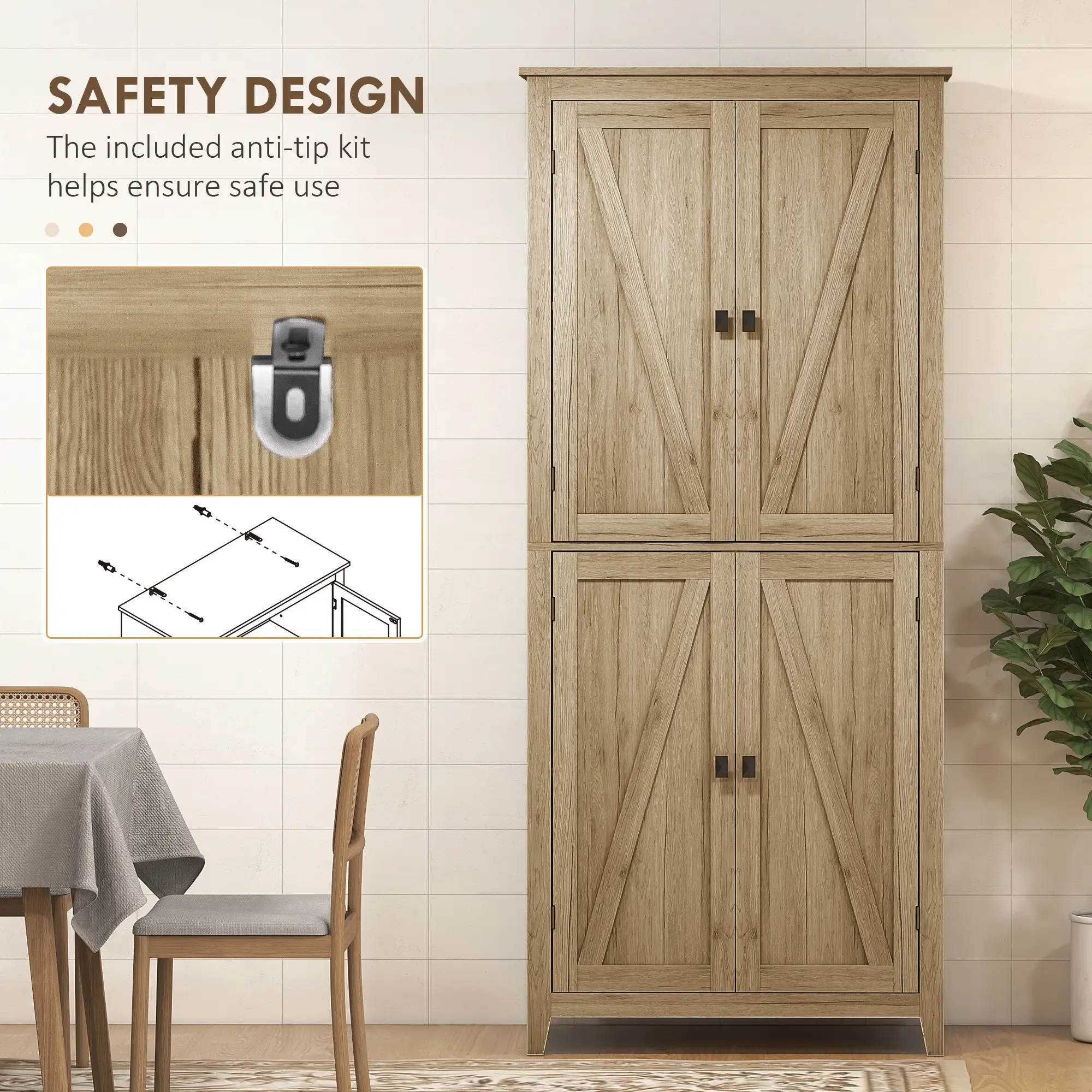 72" Freestanding Storage Cabinet, Kitchen Pantry with Doors, Shelves, Natural - Image 6