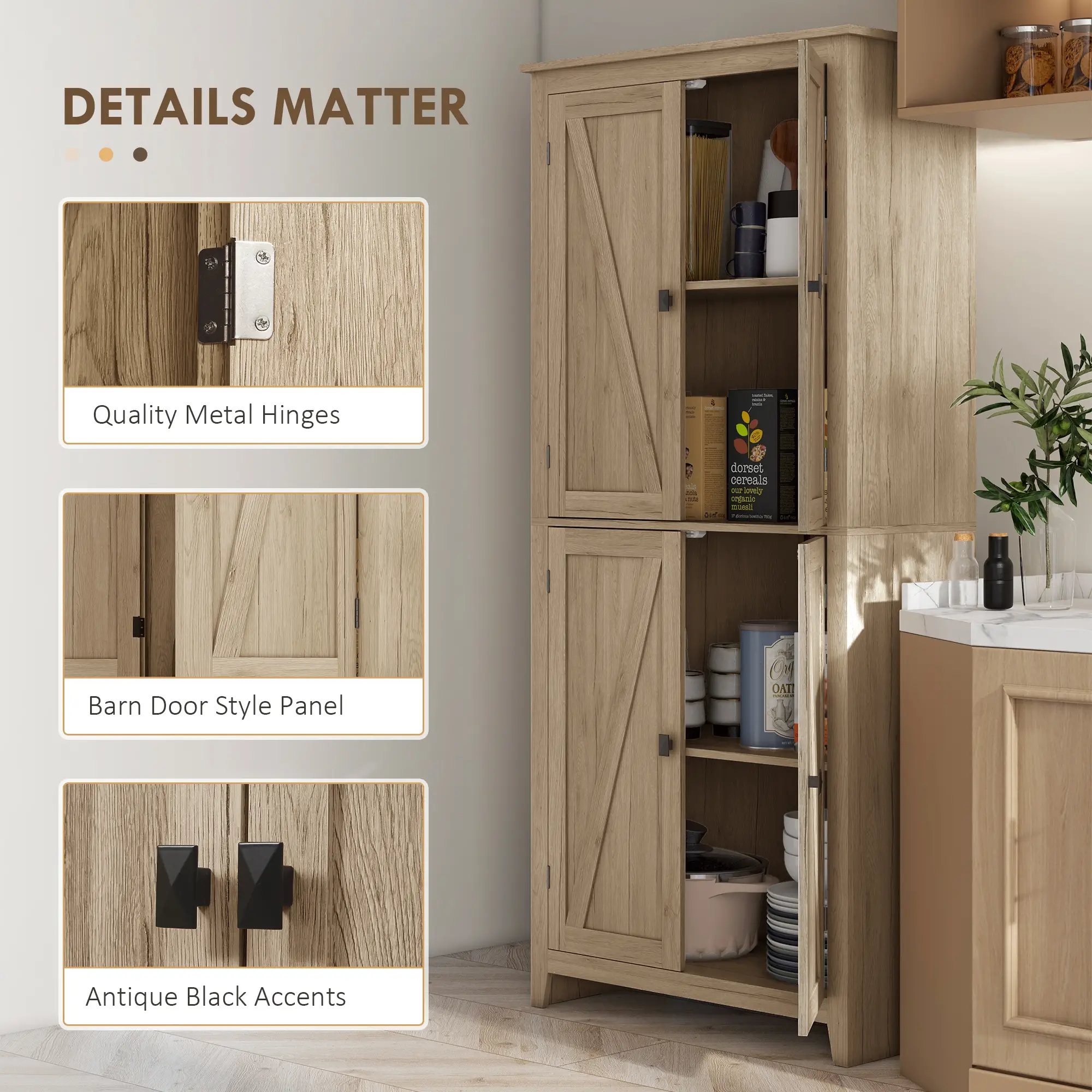 72" Freestanding Storage Cabinet, Kitchen Pantry with Doors, Shelves, Natural - Image 7
