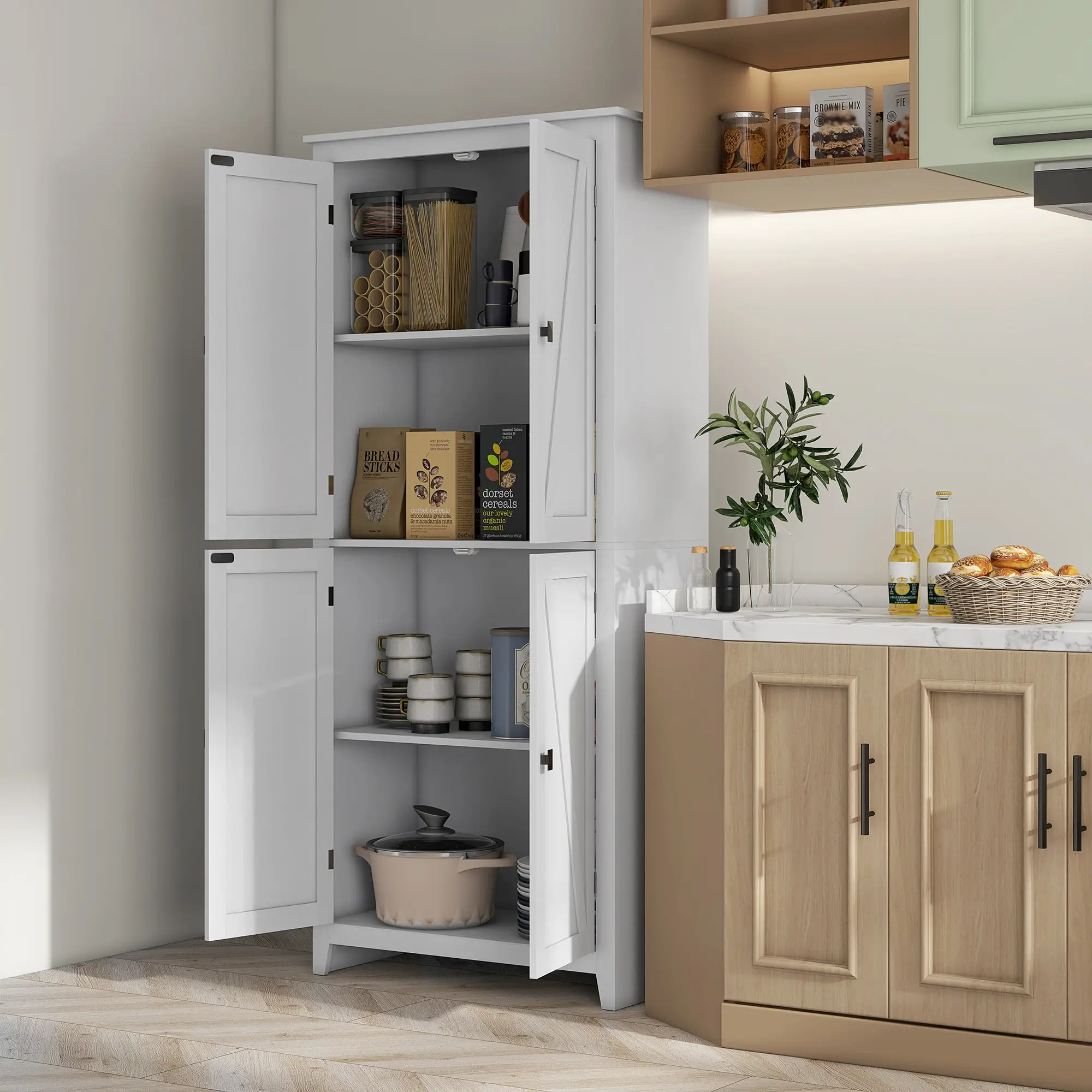 72" Freestanding Storage Cabinet, Kitchen Pantry with Doors, Shelves, White - Image 2