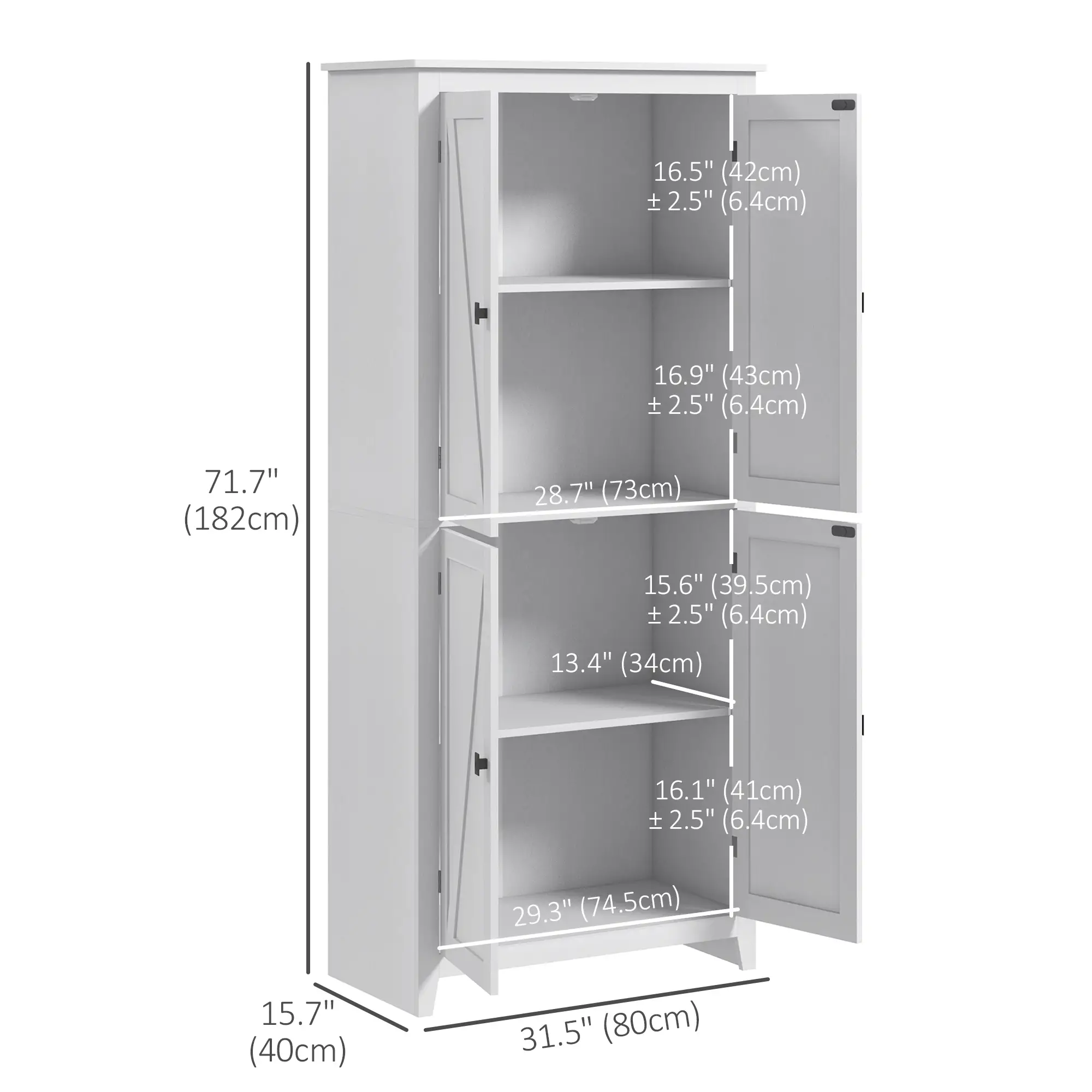 72" Freestanding Storage Cabinet, Kitchen Pantry with Doors, Shelves, White - Image 3