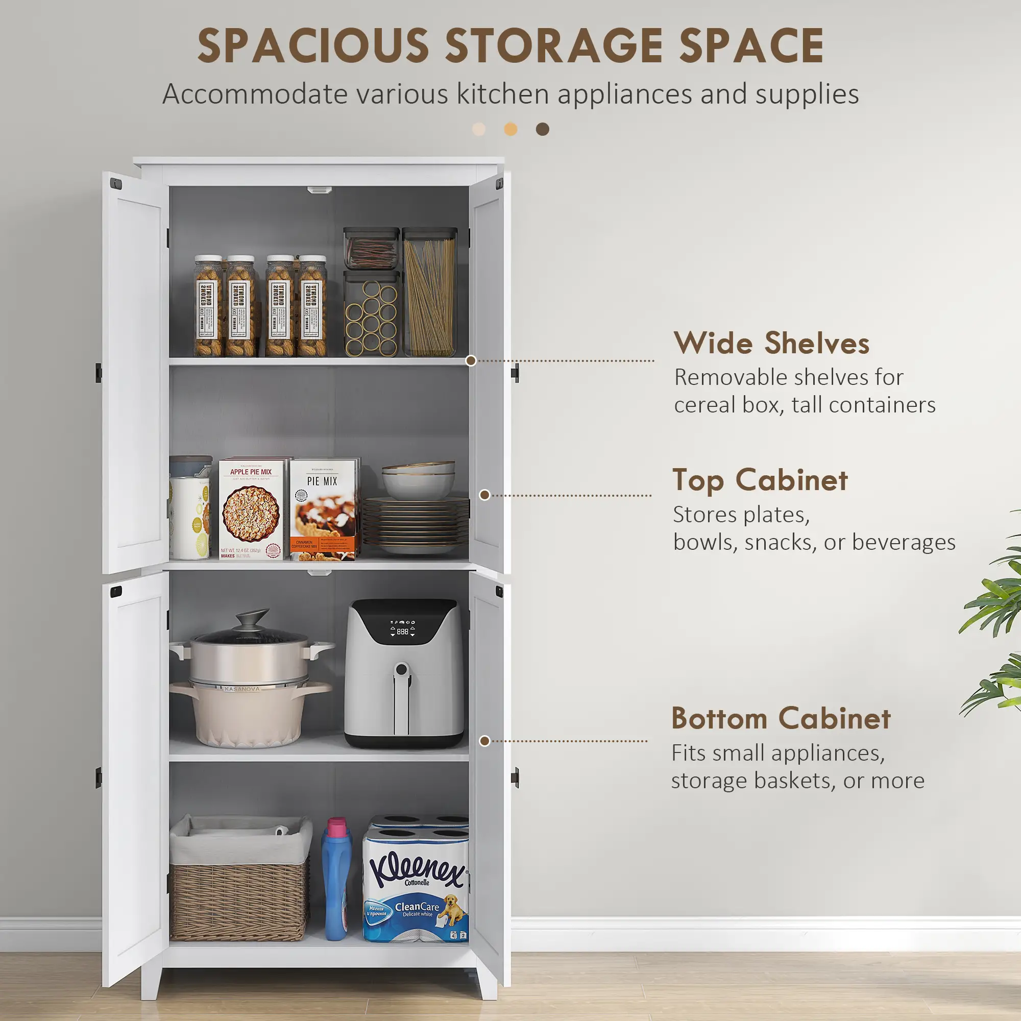 72" Freestanding Storage Cabinet, Kitchen Pantry with Doors, Shelves, White - Image 4