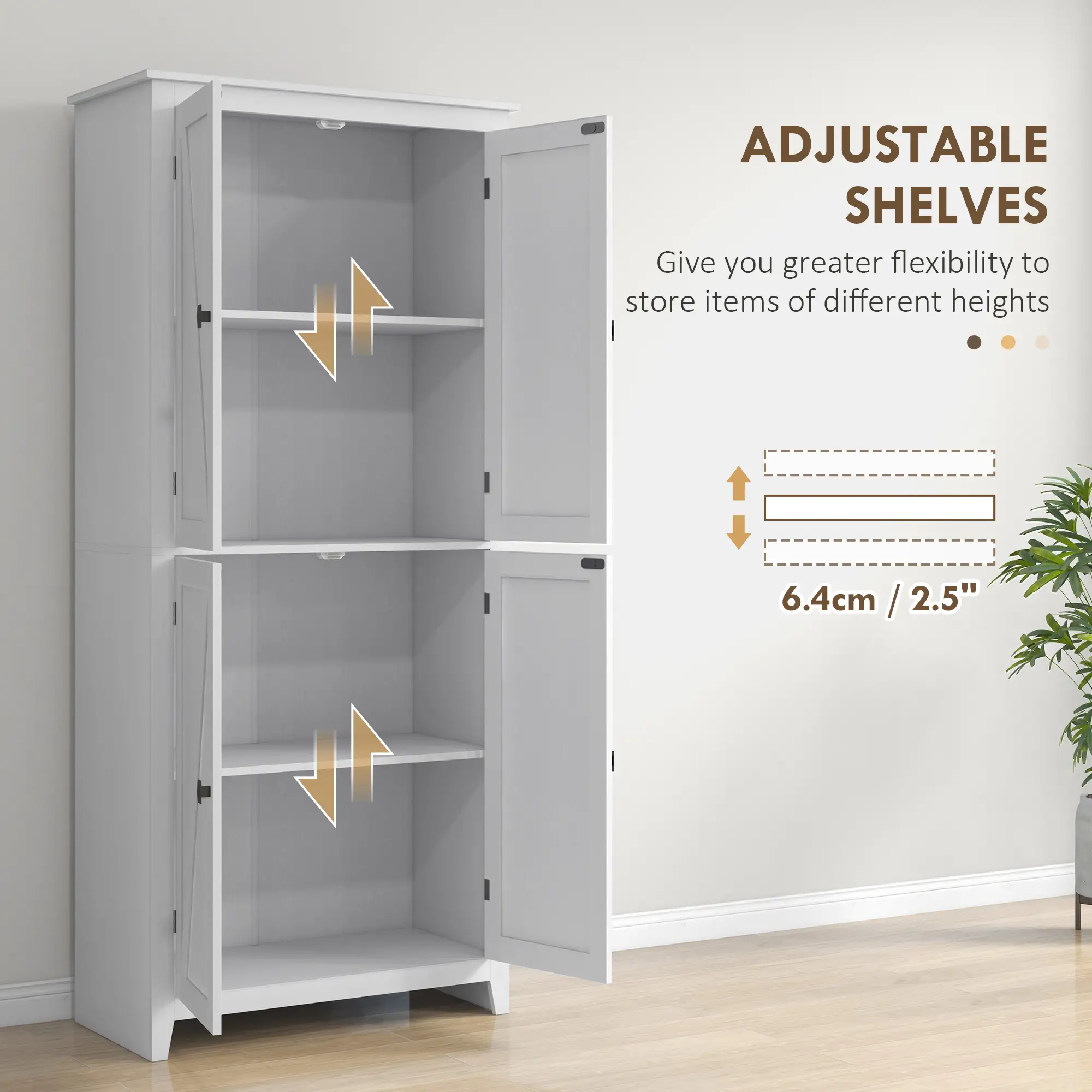 72" Freestanding Storage Cabinet, Kitchen Pantry with Doors, Shelves, White - Image 5