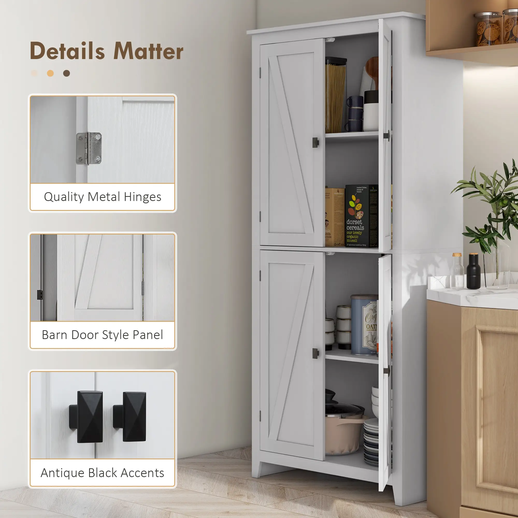 72" Freestanding Storage Cabinet, Kitchen Pantry with Doors, Shelves, White - Image 7