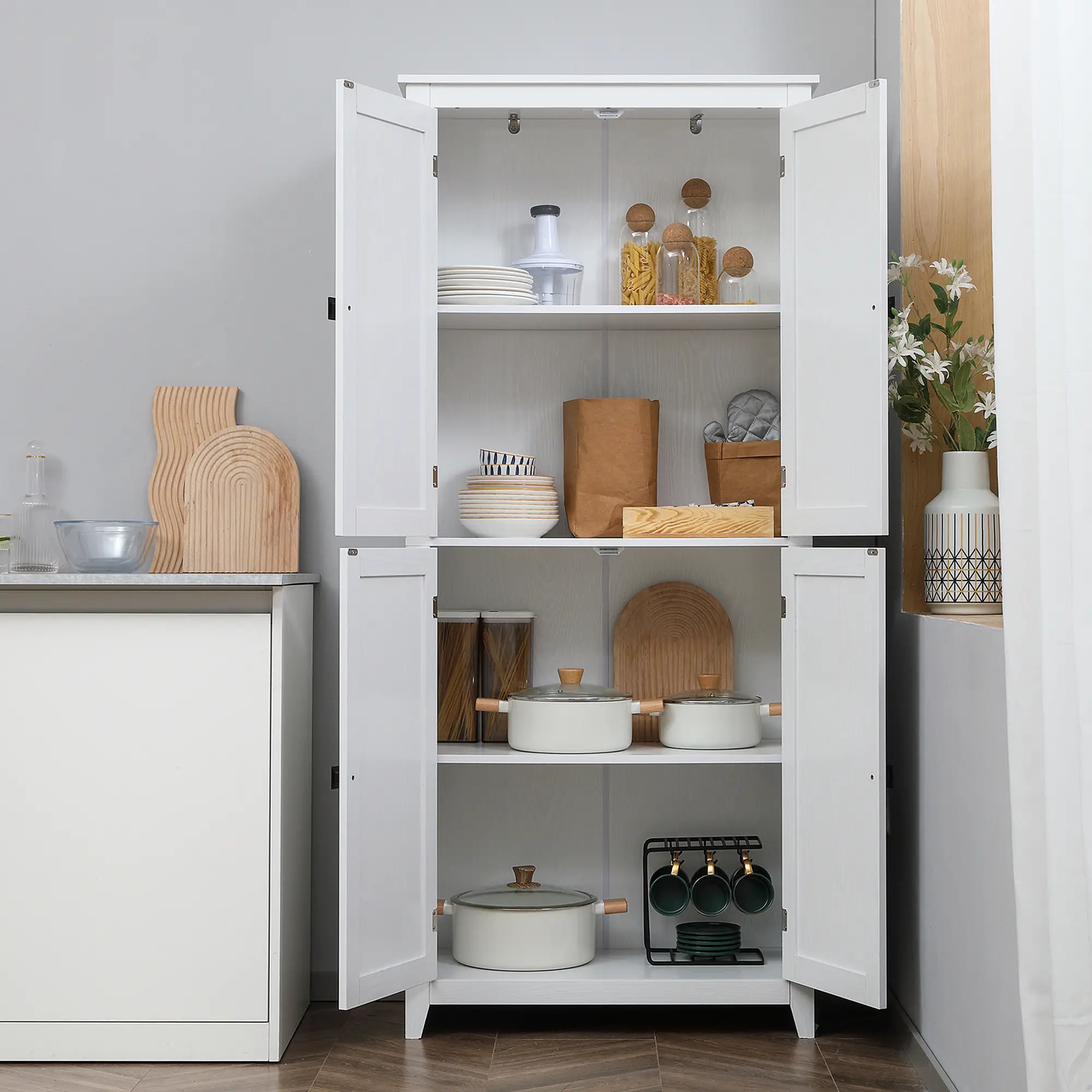 72" Freestanding Storage Cabinet, Kitchen Pantry with Doors, Shelves, White - Image 8