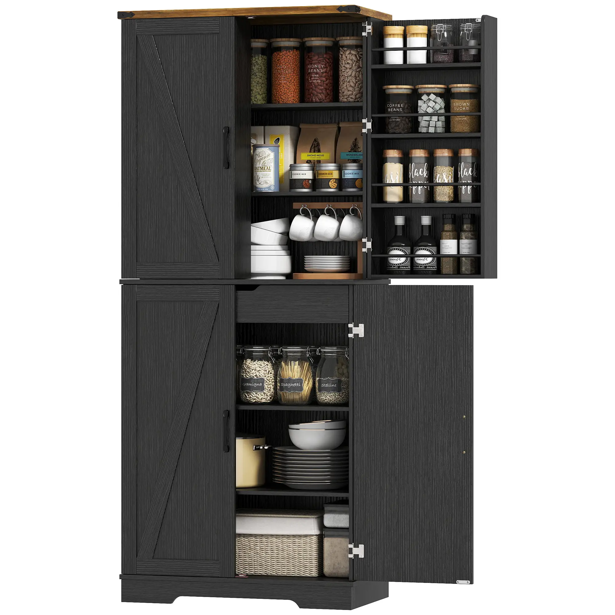 72 Inch Kitchen Pantry Cabinet, 4 Doors, Drawer, Shelves, Black