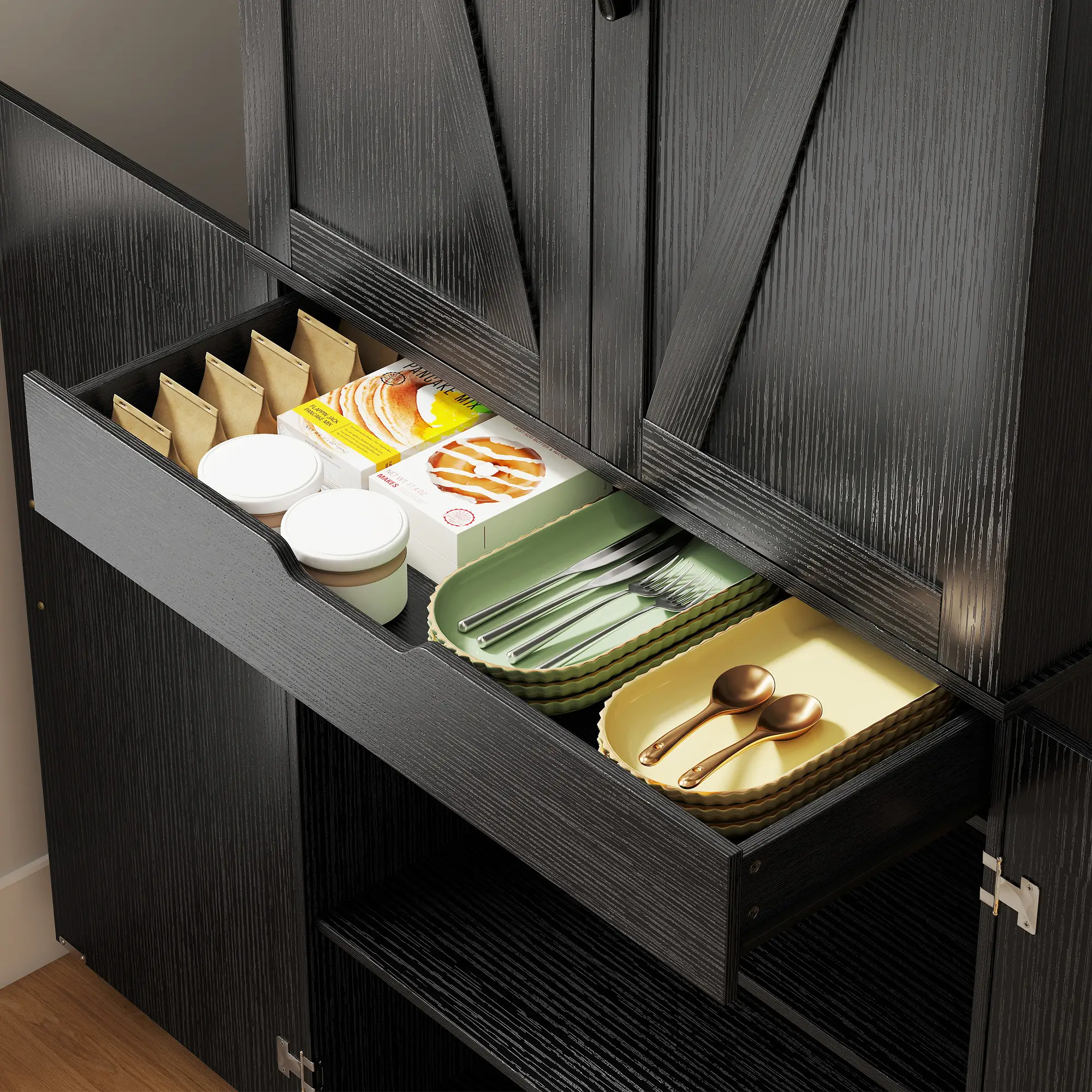 72 Inch Kitchen Pantry Cabinet, 4 Doors, Drawer, Shelves, Black - Image 10