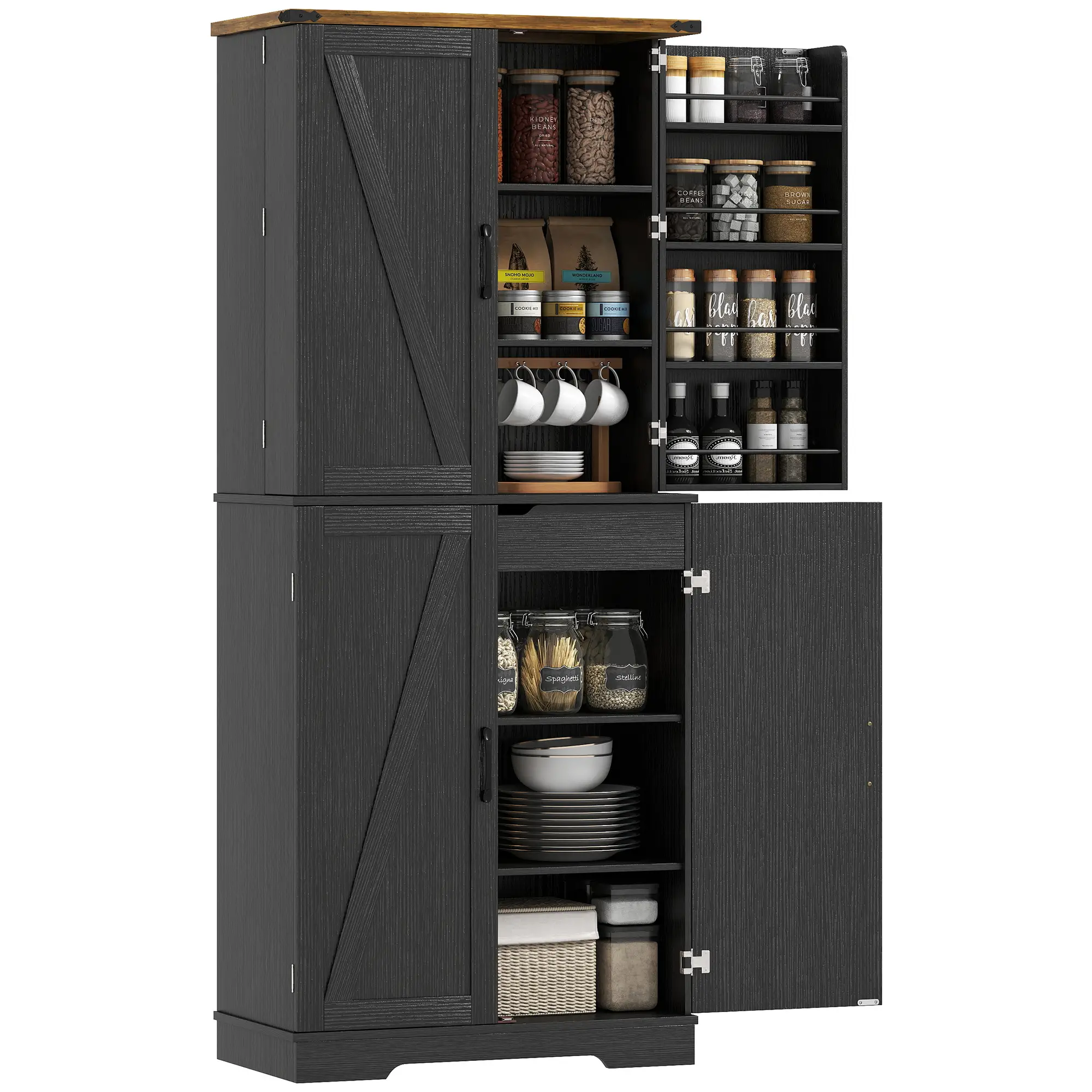 72 Inch Kitchen Pantry Cabinet, 4 Doors, Drawer, Shelves, Black - Image 11