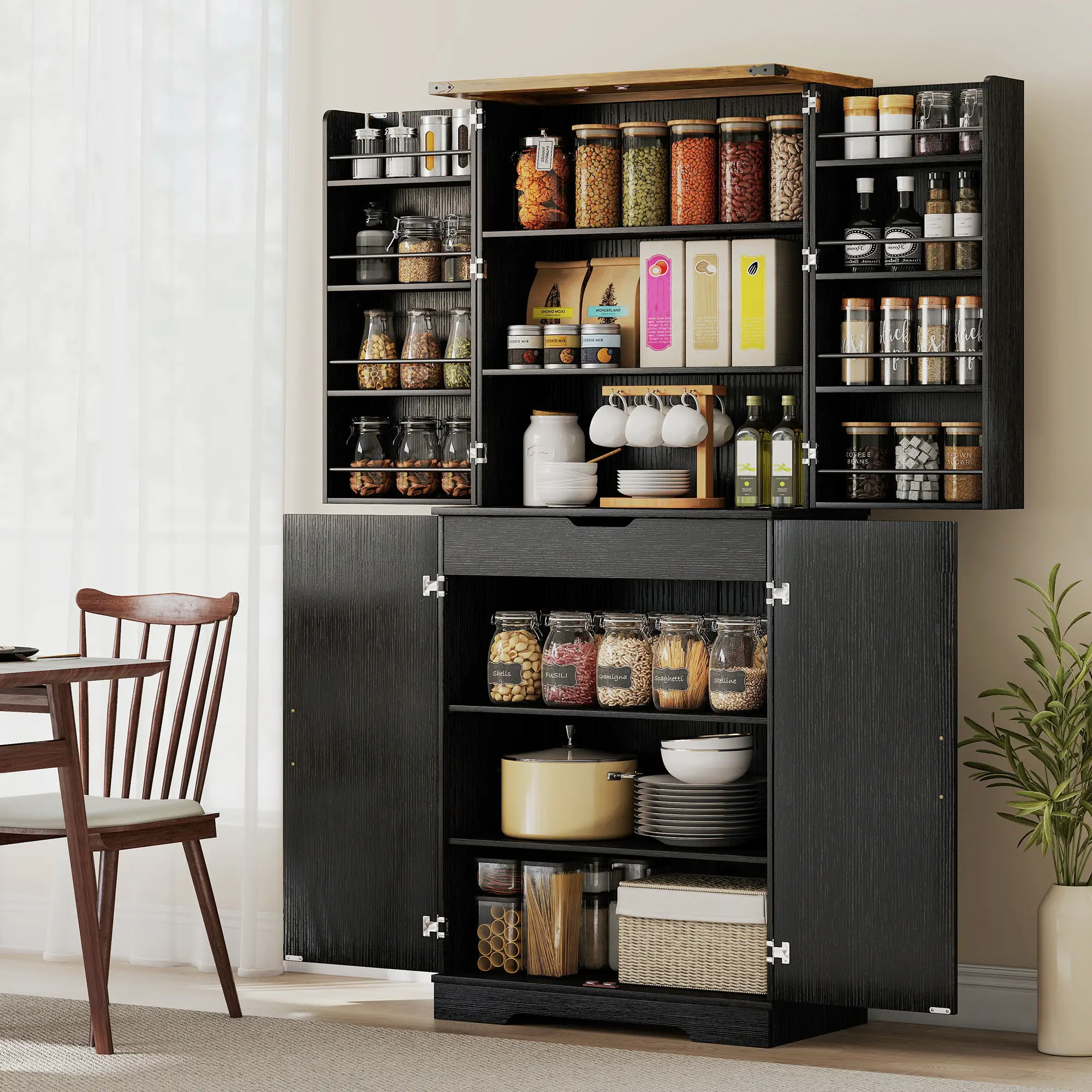 72 Inch Kitchen Pantry Cabinet, 4 Doors, Drawer, Shelves, Black - Image 2