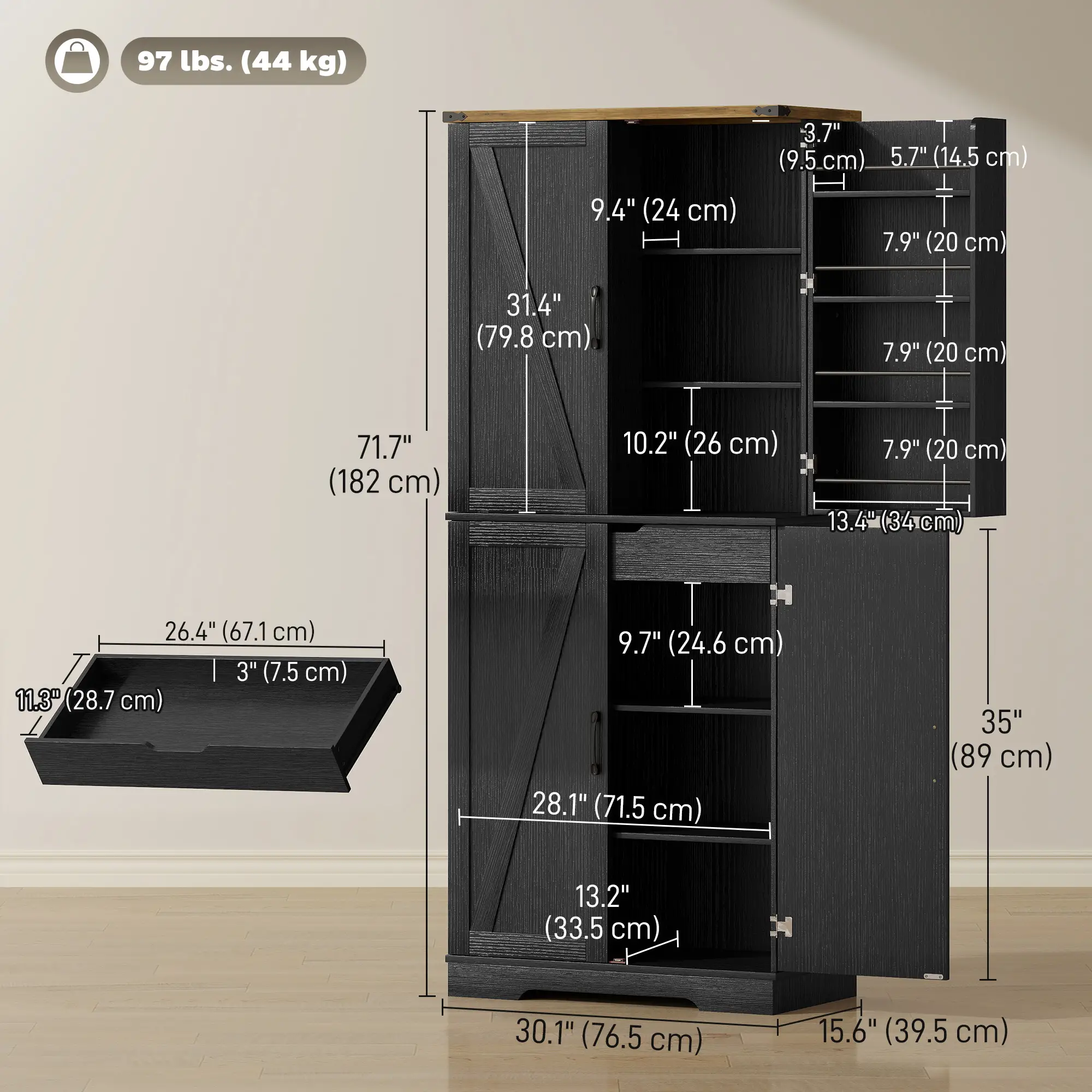 72 Inch Kitchen Pantry Cabinet, 4 Doors, Drawer, Shelves, Black - Image 3