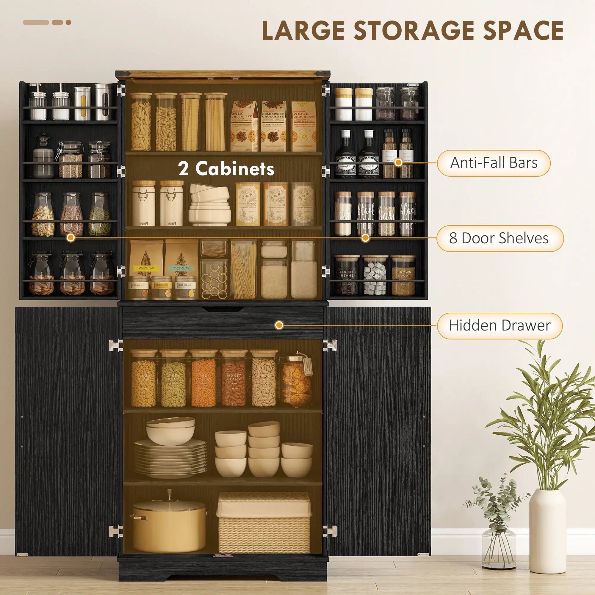 72 Inch Kitchen Pantry Cabinet, 4 Doors, Drawer, Shelves, Black - Image 4