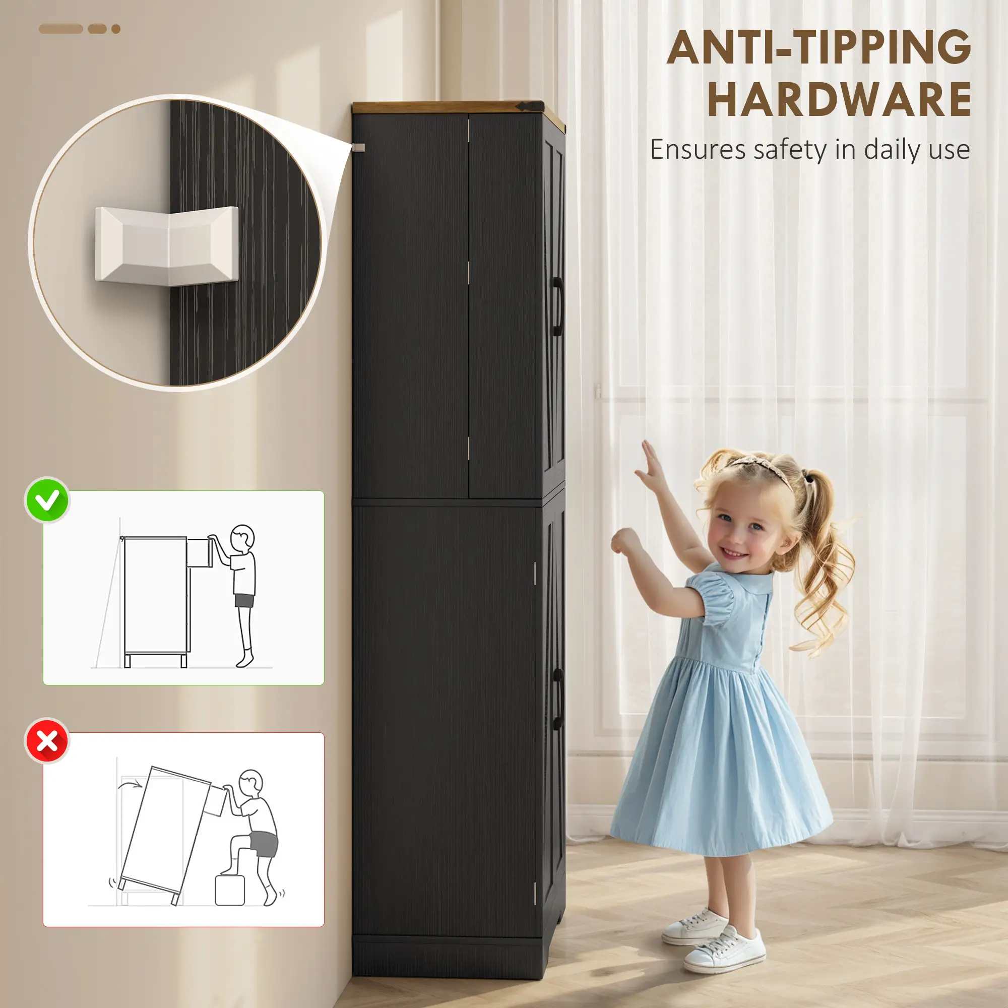 72 Inch Kitchen Pantry Cabinet, 4 Doors, Drawer, Shelves, Black - Image 7