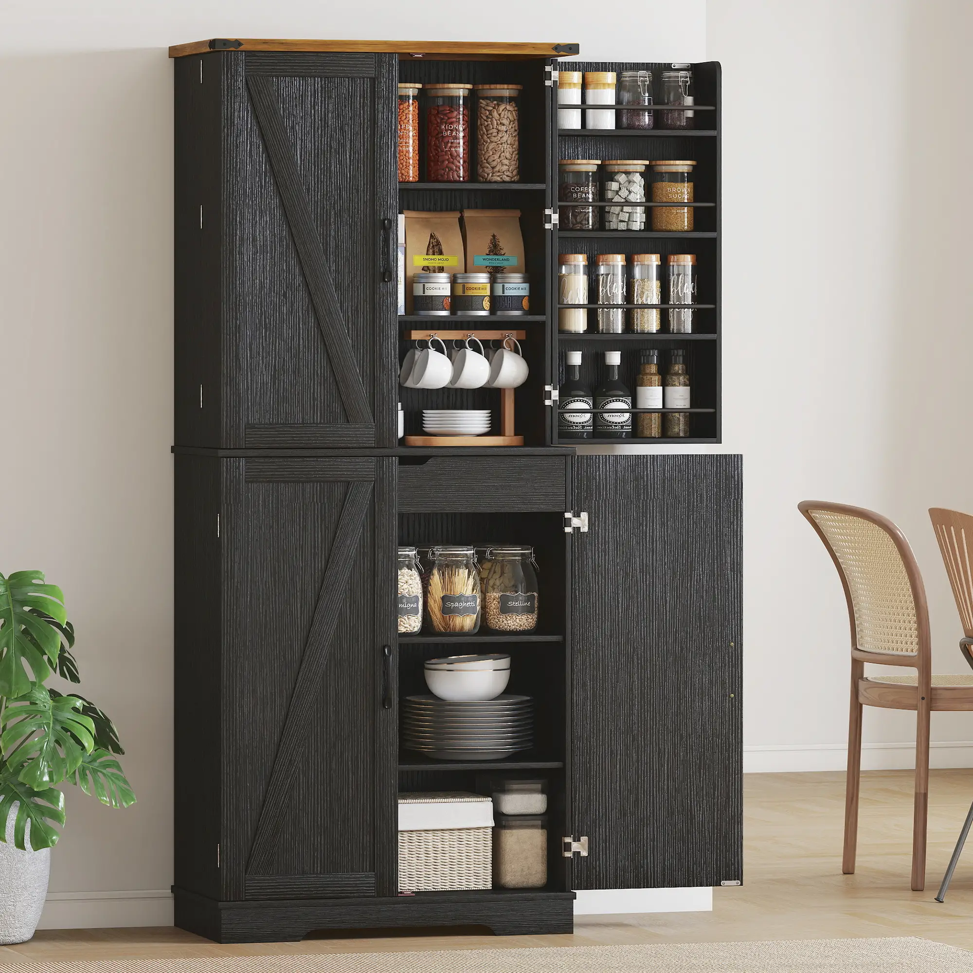 72 Inch Kitchen Pantry Cabinet, 4 Doors, Drawer, Shelves, Black - Image 8
