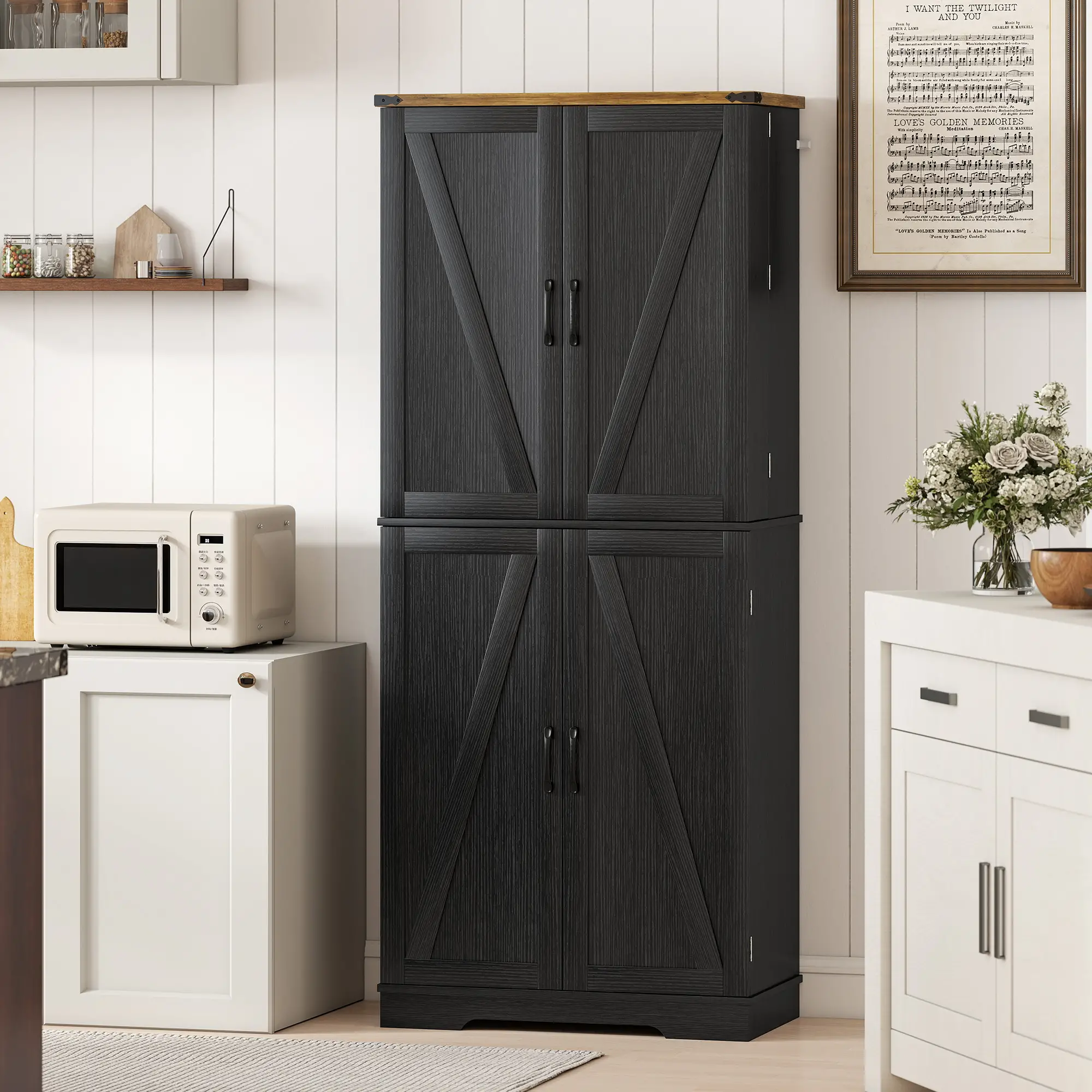 72 Inch Kitchen Pantry Cabinet, 4 Doors, Drawer, Shelves, Black - Image 9