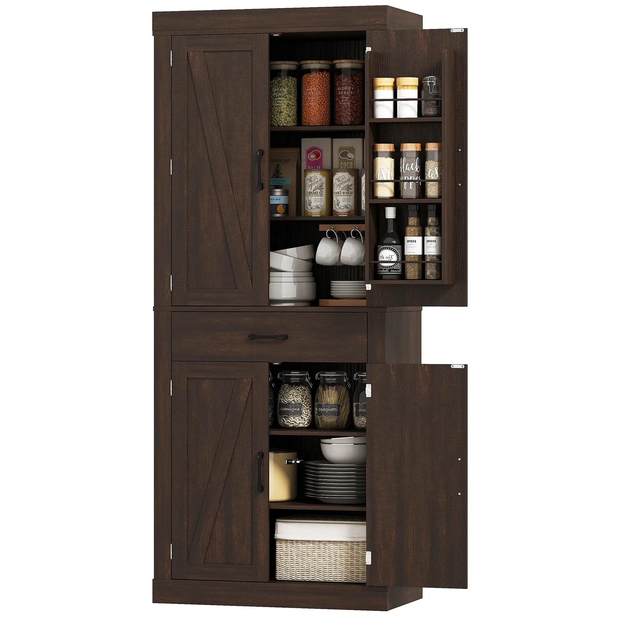 72 Inch Kitchen Pantry Cabinet, Farmhouse Storage, 4 Barn Doors, Brown