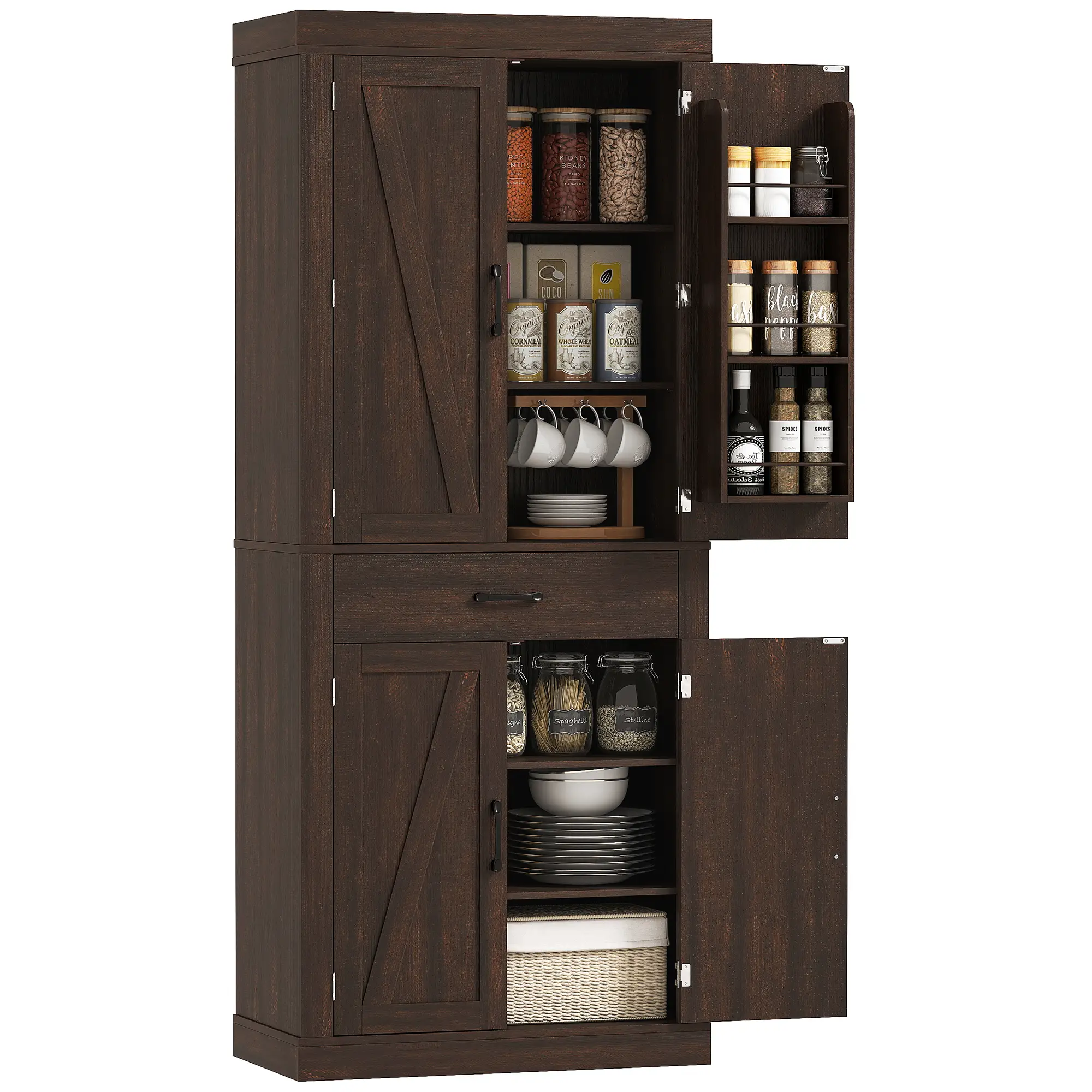 72 Inch Kitchen Pantry Cabinet, Farmhouse Storage, 4 Barn Doors, Brown - Image 11