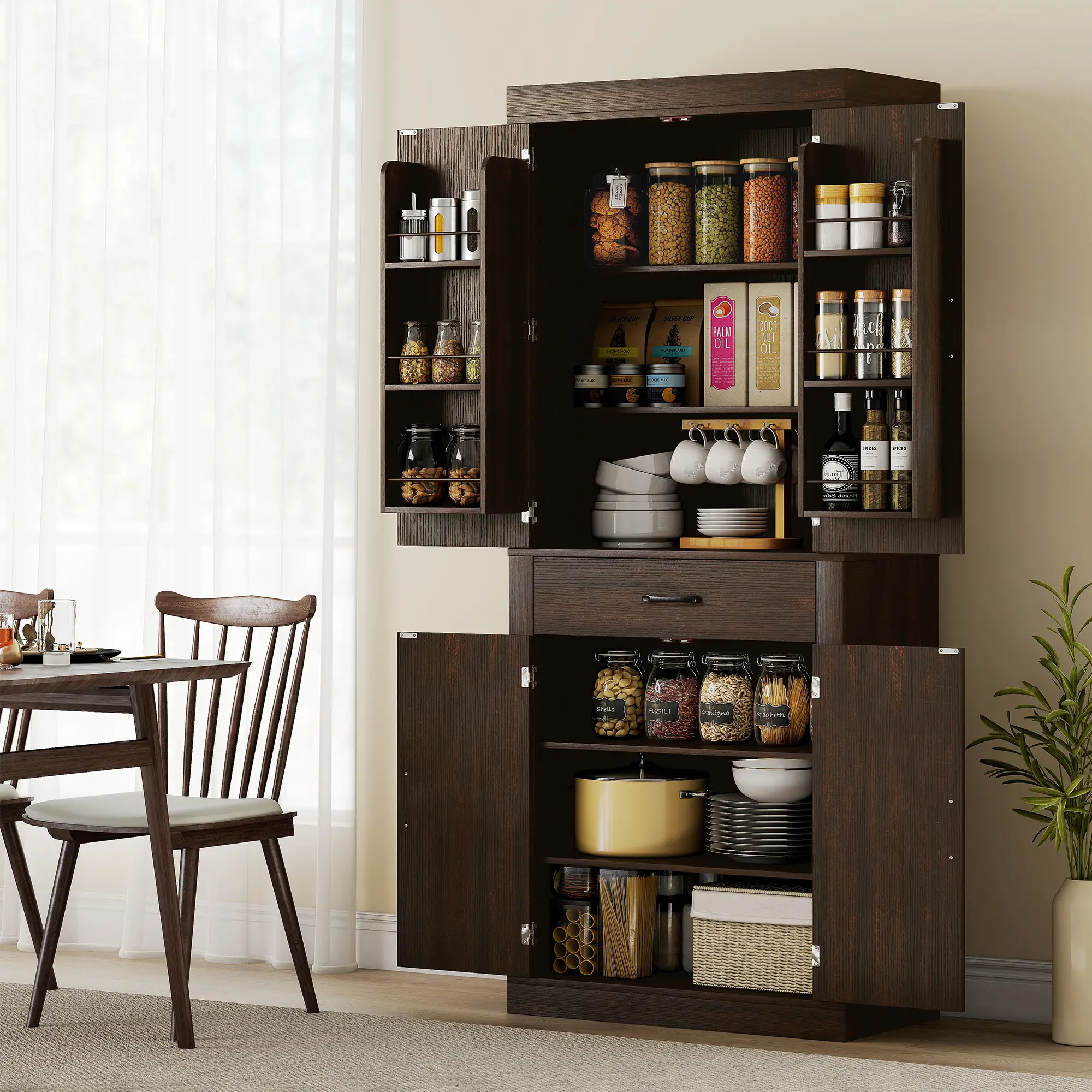 72 Inch Kitchen Pantry Cabinet, Farmhouse Storage, 4 Barn Doors, Brown - Image 2