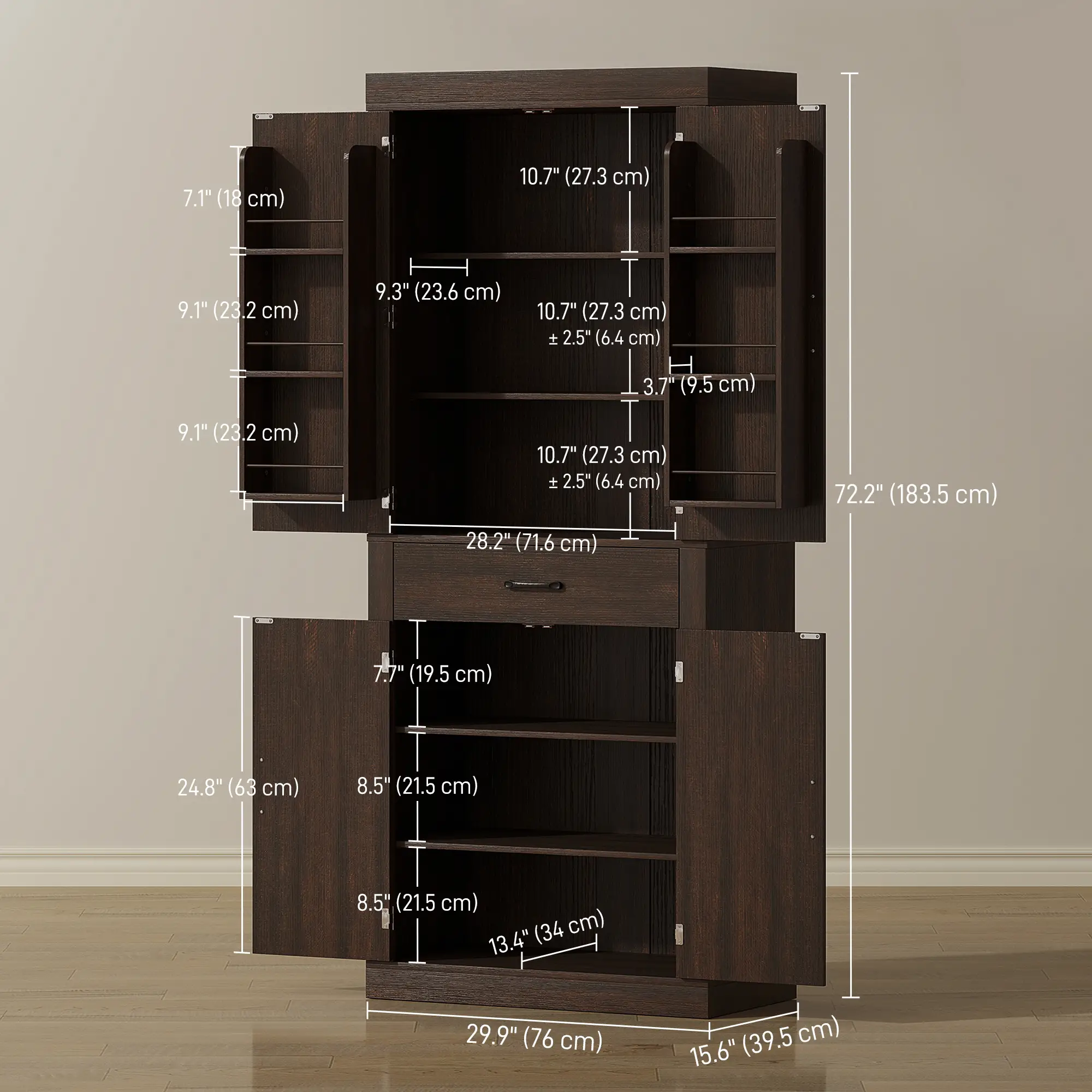 72 Inch Kitchen Pantry Cabinet, Farmhouse Storage, 4 Barn Doors, Brown - Image 3