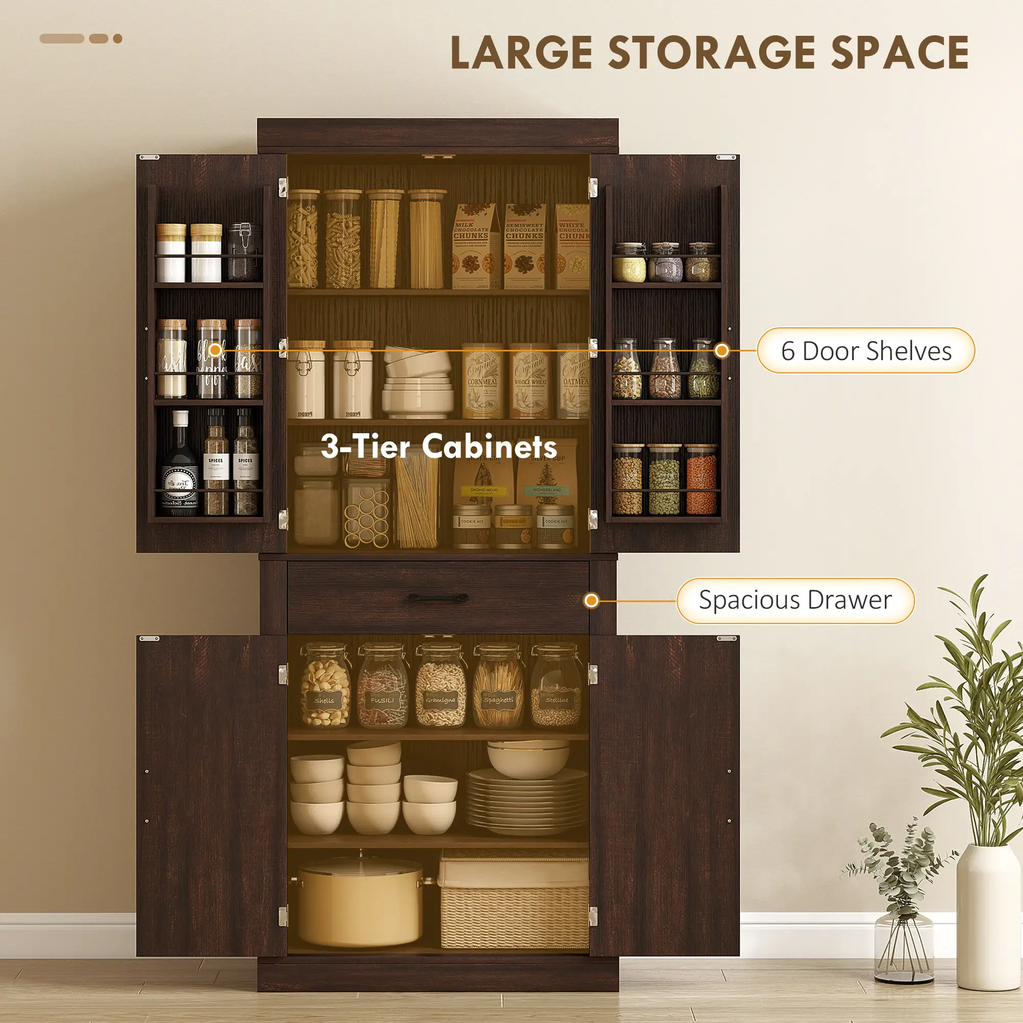 72 Inch Kitchen Pantry Cabinet, Farmhouse Storage, 4 Barn Doors, Brown - Image 5