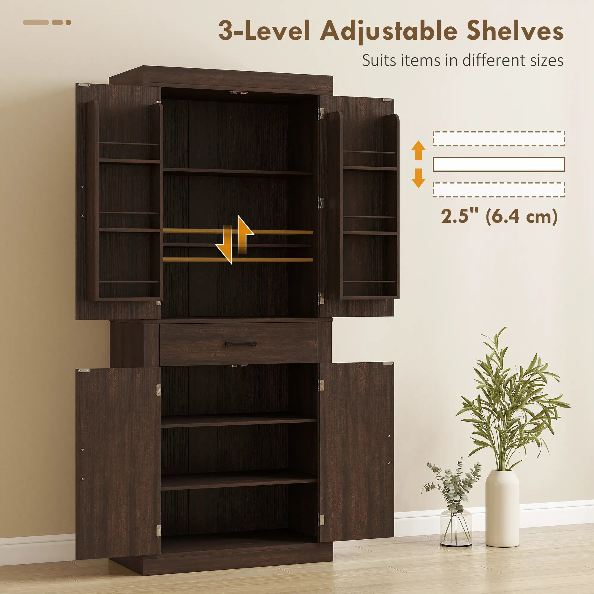 72 Inch Kitchen Pantry Cabinet, Farmhouse Storage, 4 Barn Doors, Brown - Image 6