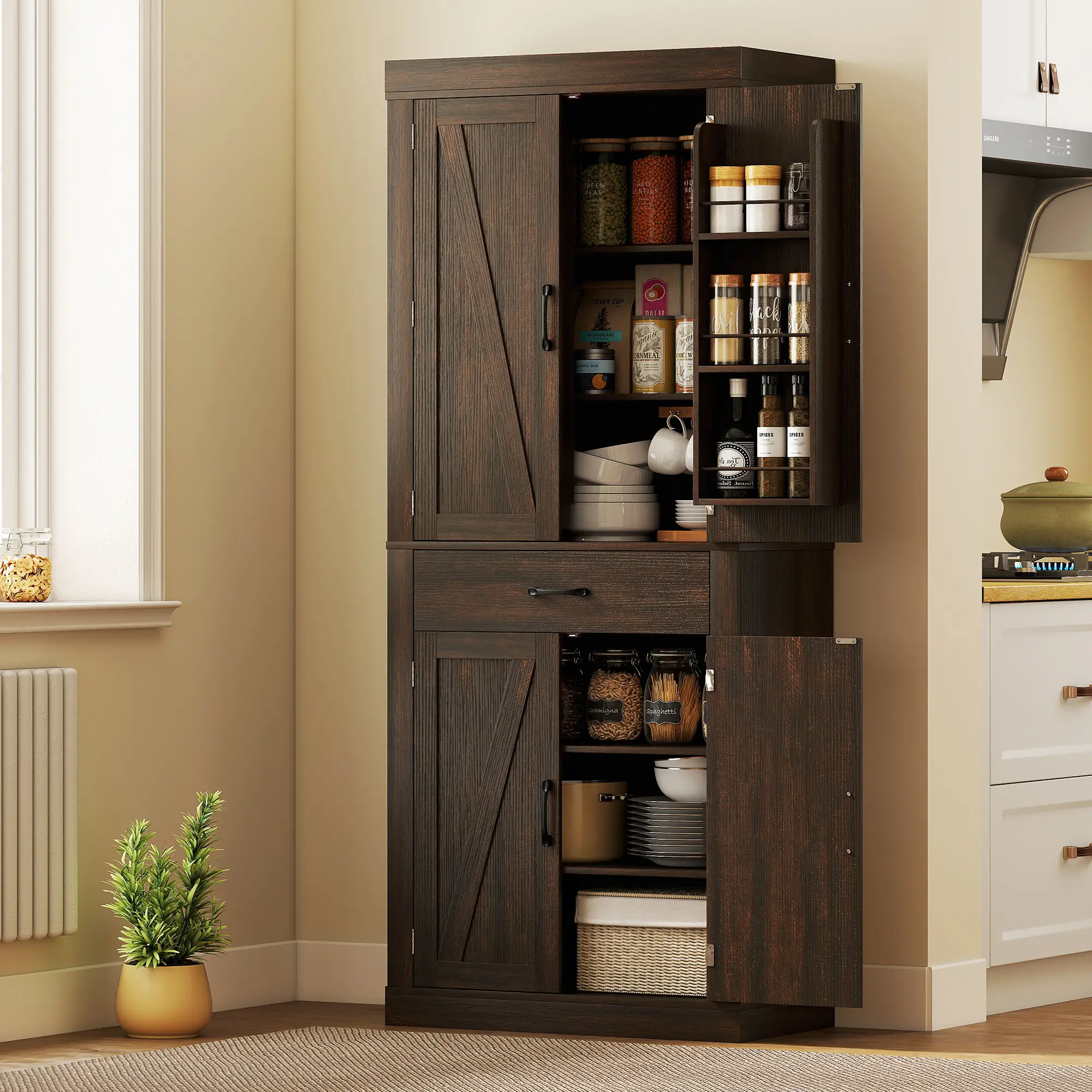 72 Inch Kitchen Pantry Cabinet, Farmhouse Storage, 4 Barn Doors, Brown - Image 8