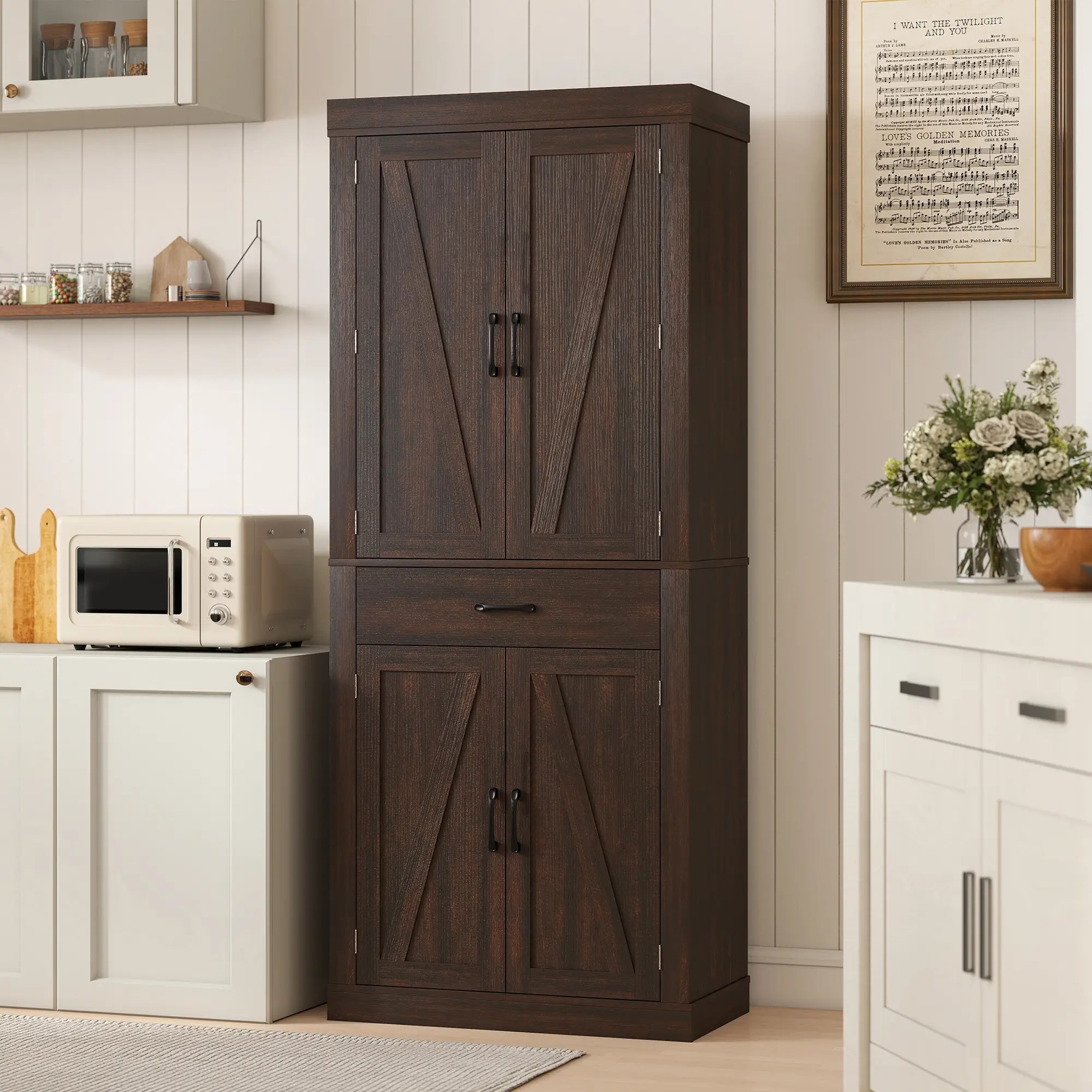 72 Inch Kitchen Pantry Cabinet, Farmhouse Storage, 4 Barn Doors, Brown - Image 9
