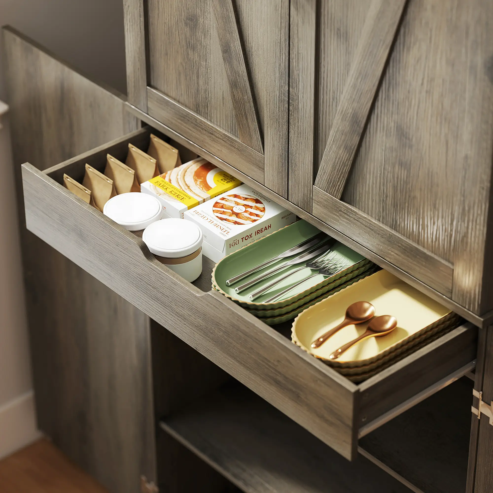 72 Inch Kitchen Pantry Cabinet, Farmhouse Storage with 4 Doors, Drawer, Grey - Image 10