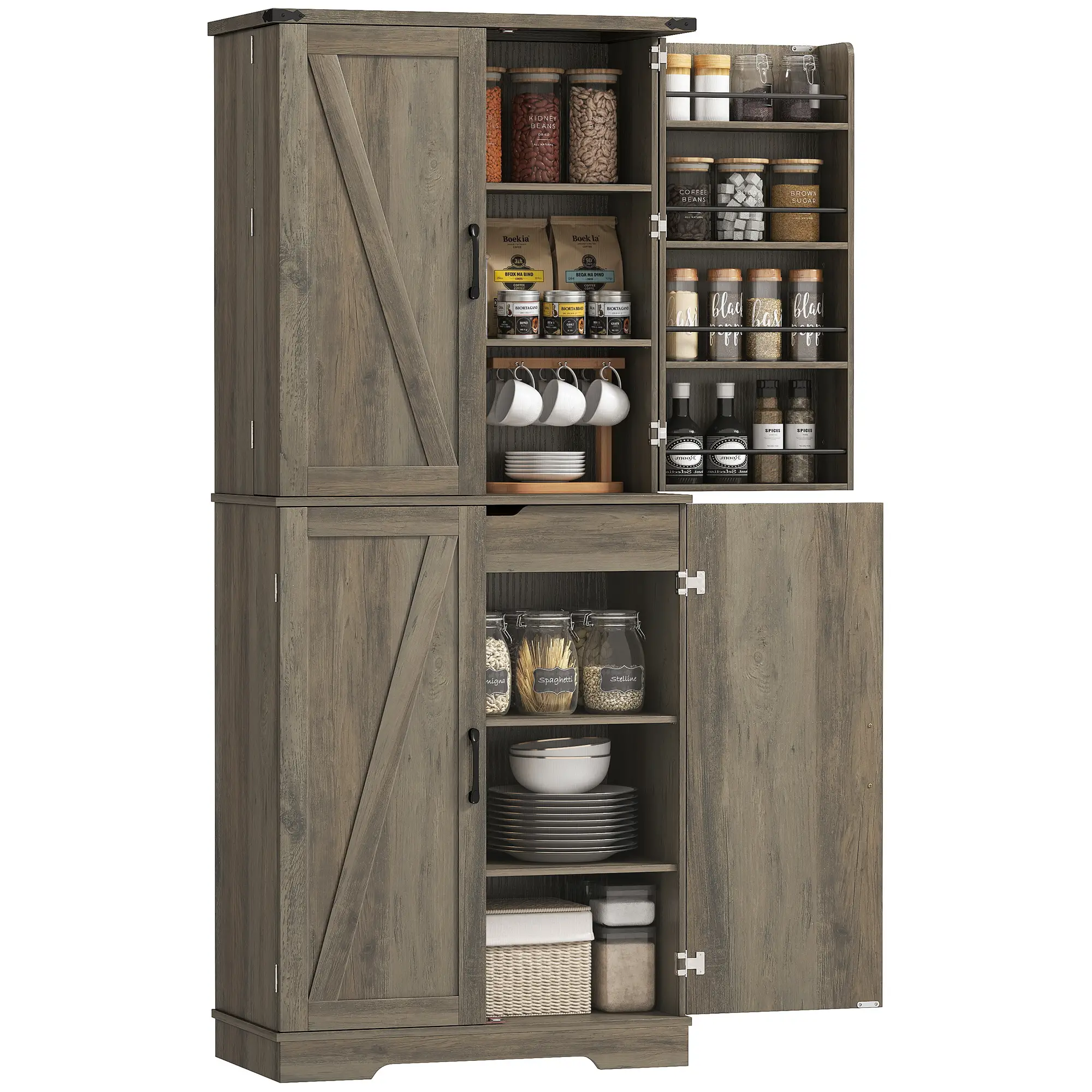 72 Inch Kitchen Pantry Cabinet, Farmhouse Storage with 4 Doors, Drawer, Grey - Image 11
