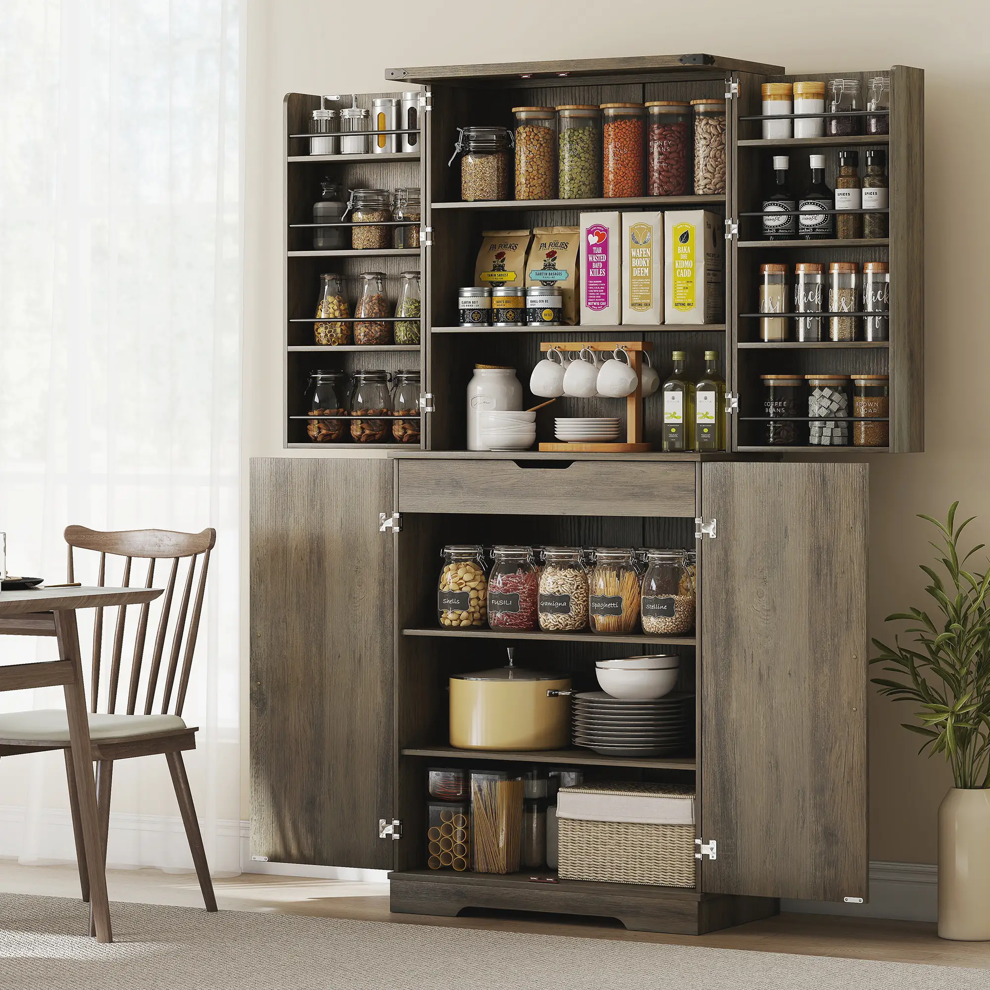 72 Inch Kitchen Pantry Cabinet, Farmhouse Storage with 4 Doors, Drawer, Grey - Image 2